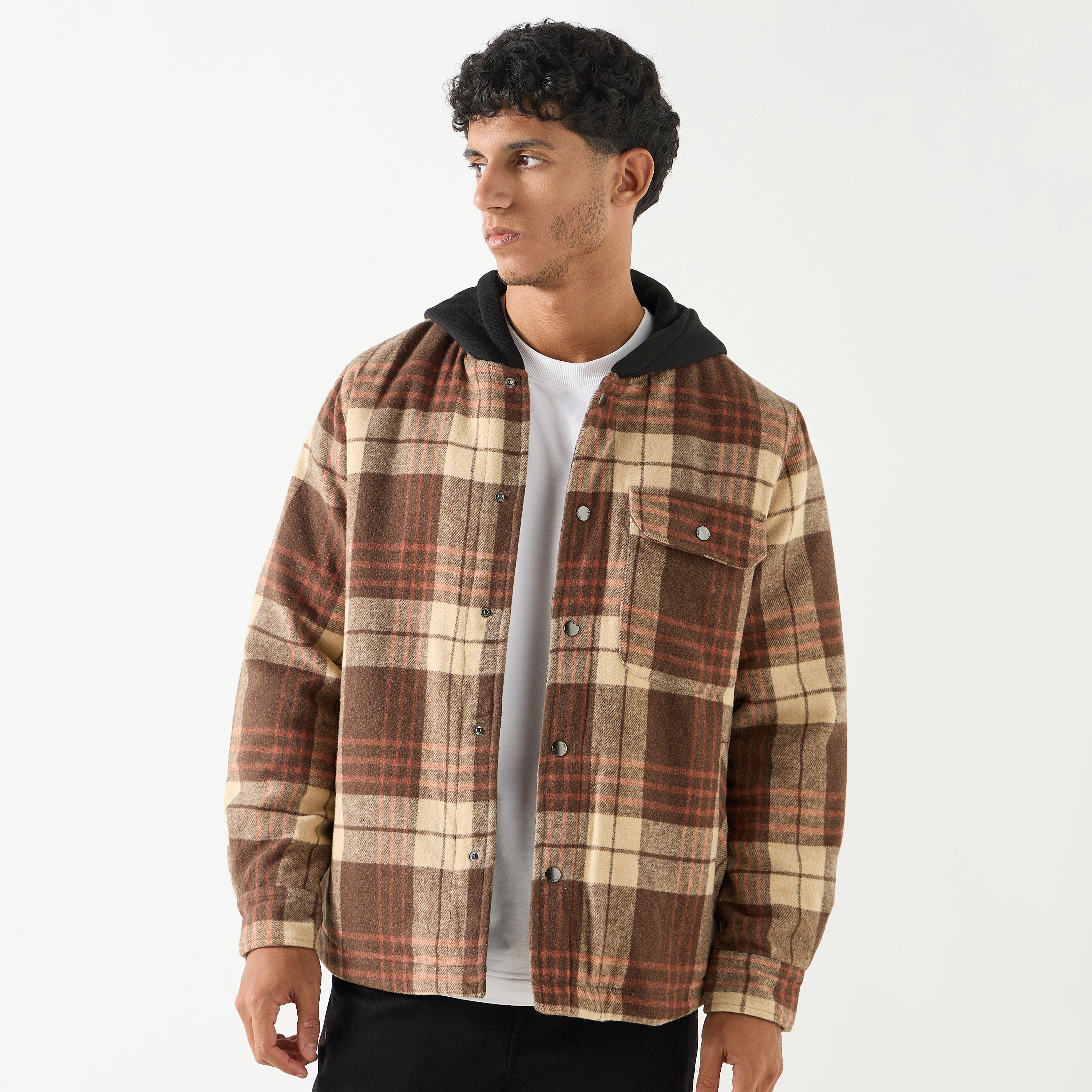 Shop Lee Cooper Checked Oversized Hooded Jacket with Button