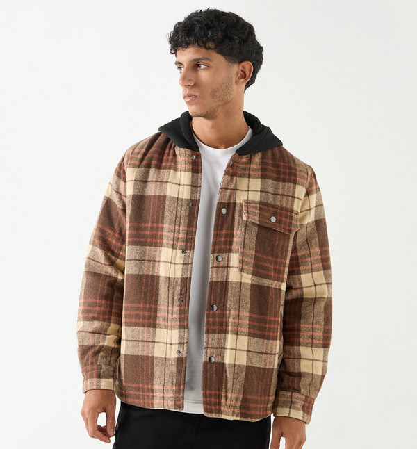 Shop Lee Cooper Checked Oversized Hooded Jacket with Button