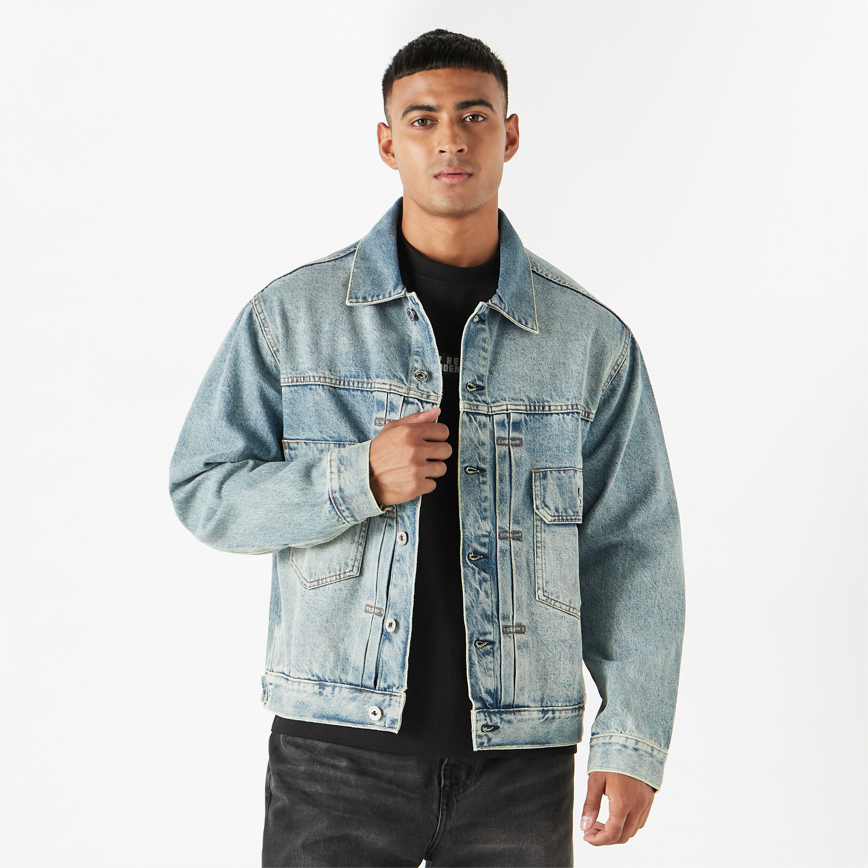 Shop Lee Cooper Solid Denim Jacket with Pockets and Long