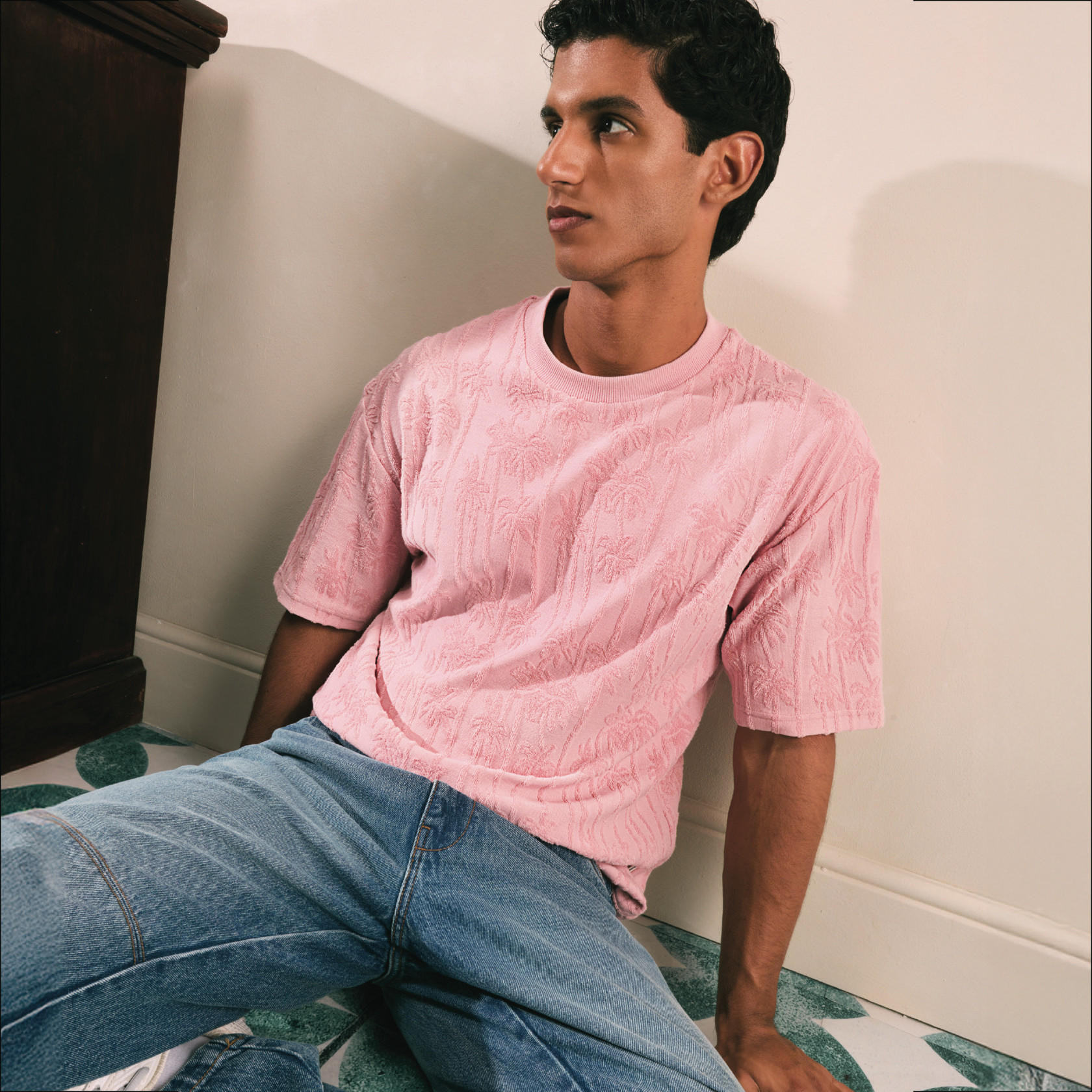 Lee Cooper Palm Tree Textured Terry T-shirt with Crew Neck-men-clothing-tshirtsandpolos-tshirts-image-1