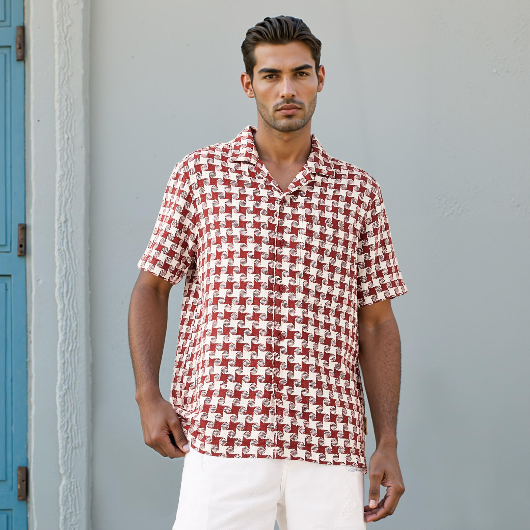 Lee Cooper Regular Fit Printed Shirt with Camp Collar and Short Sleeves-men-clothing-shirts-image-1