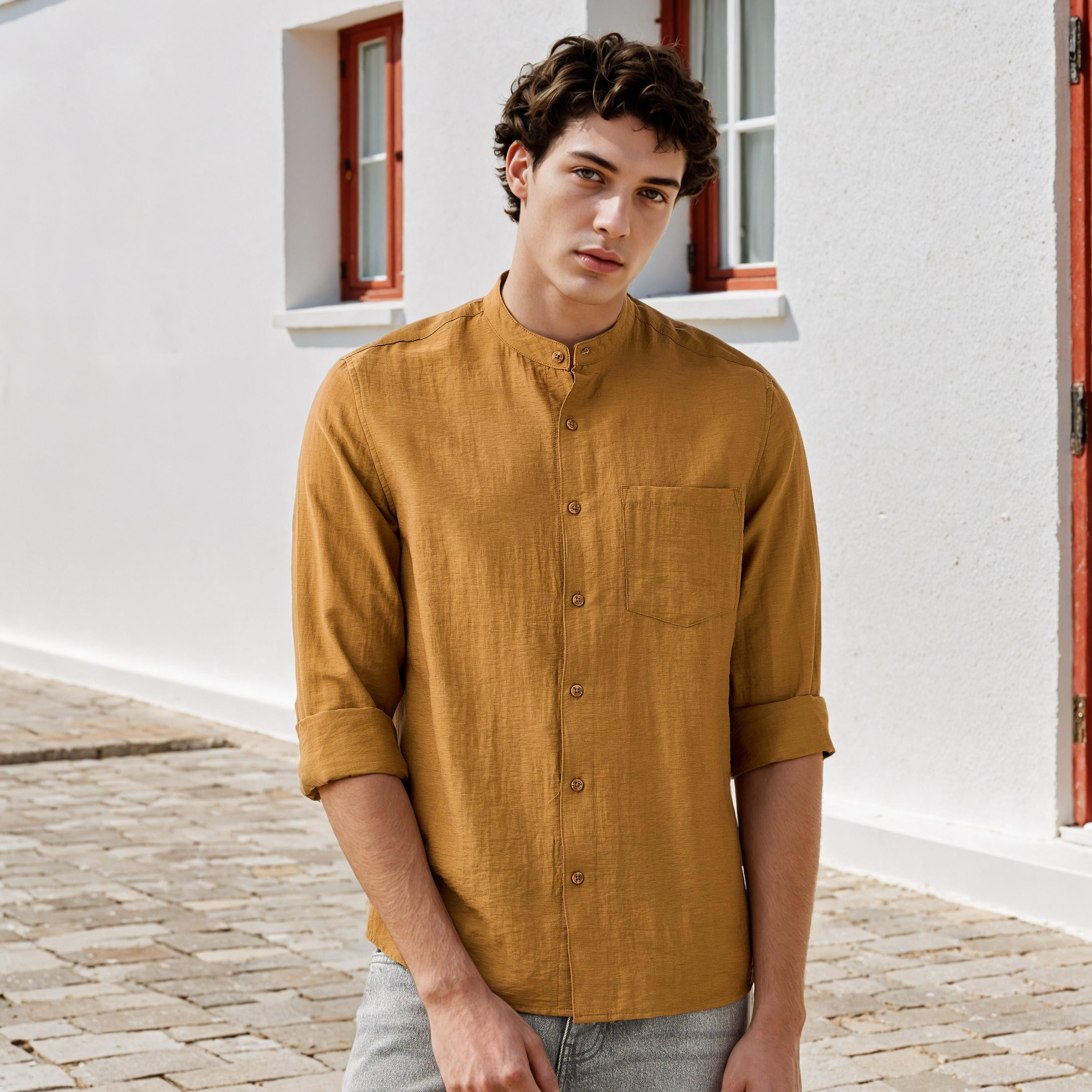Lee Cooper Regular Fit Linen Blend Shirt with Mandarin Collar-men-clothing-shirts-image-1