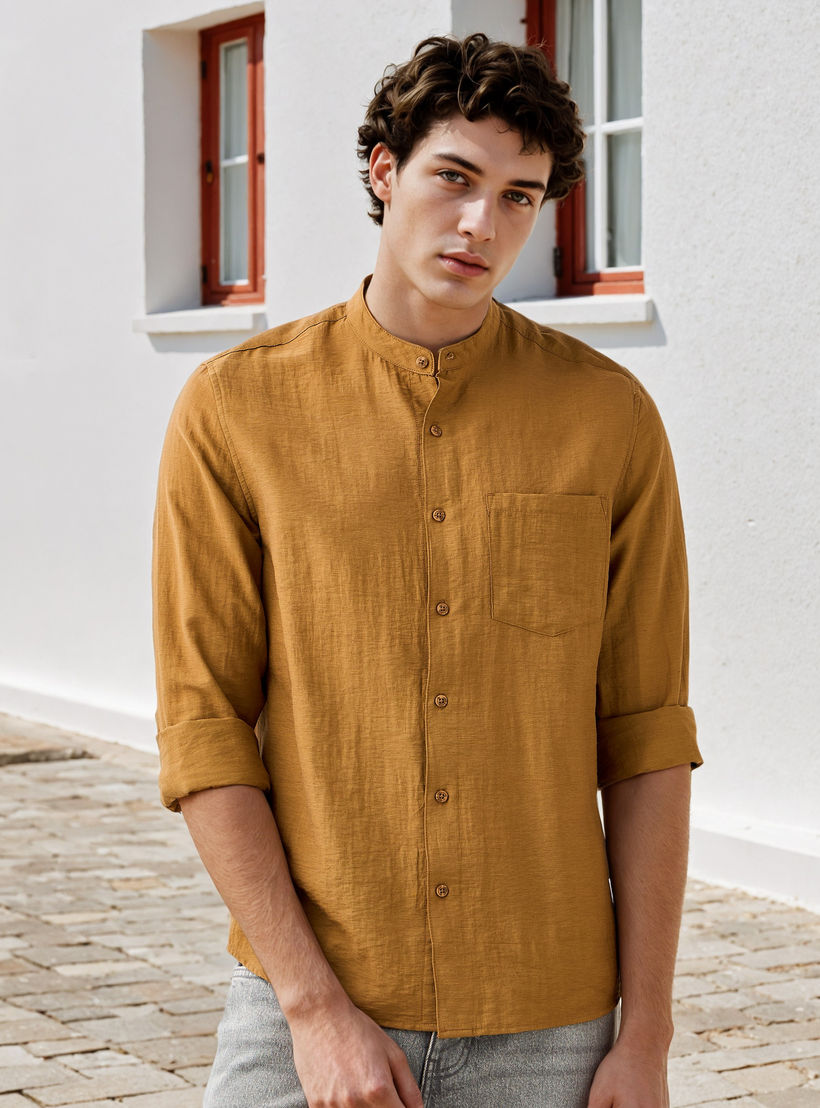 Lee Cooper Regular Fit Linen Blend Shirt with Mandarin Collar-men-clothing-shirts-image-1