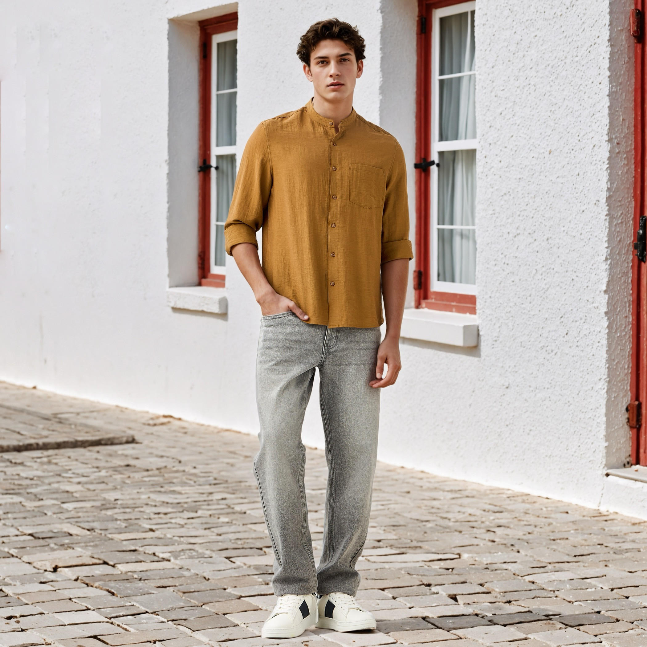 Lee Cooper Regular Fit Linen Blend Shirt with Mandarin Collar-men-clothing-shirts-image-2