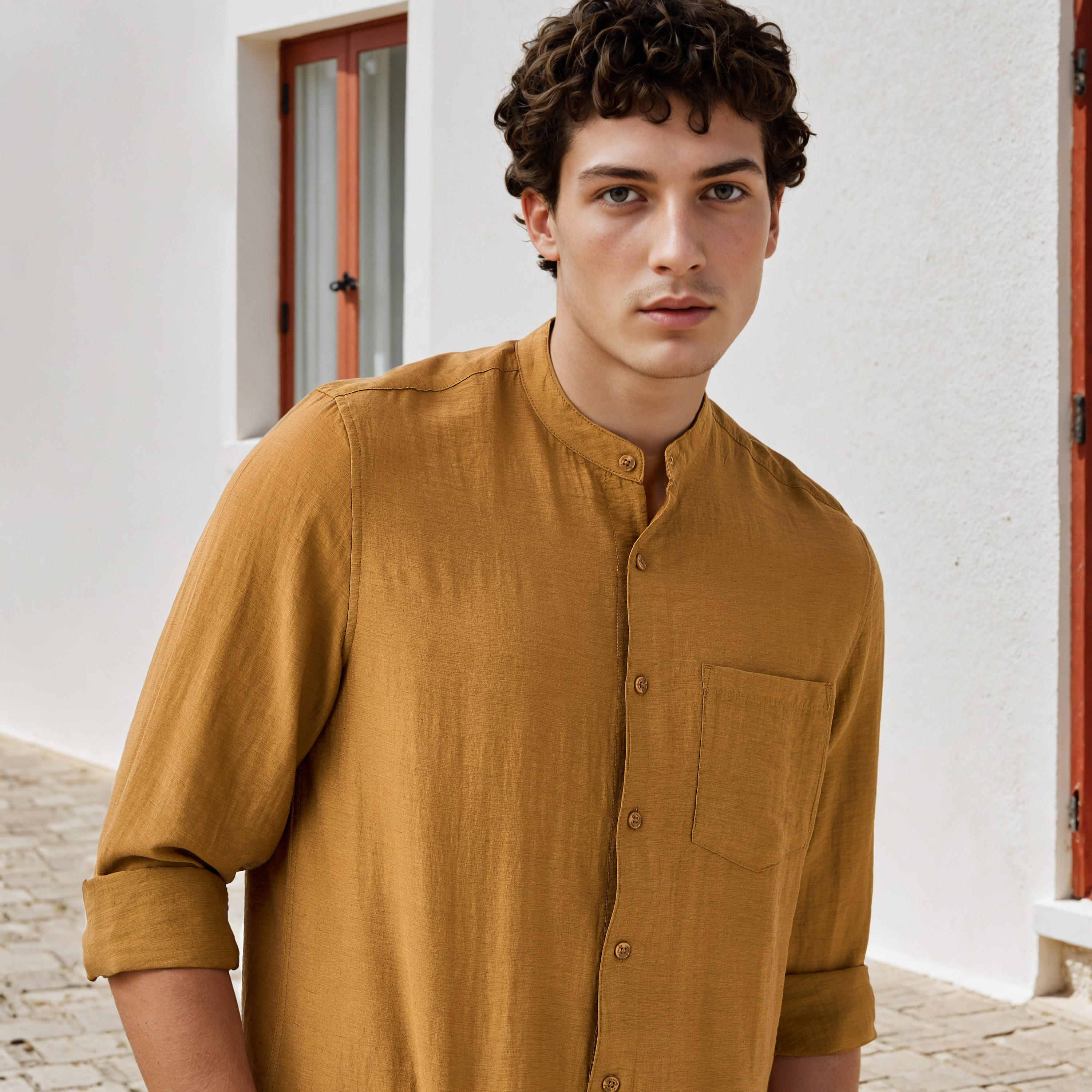Lee Cooper Regular Fit Linen Blend Shirt with Mandarin Collar-men-clothing-shirts-image-4