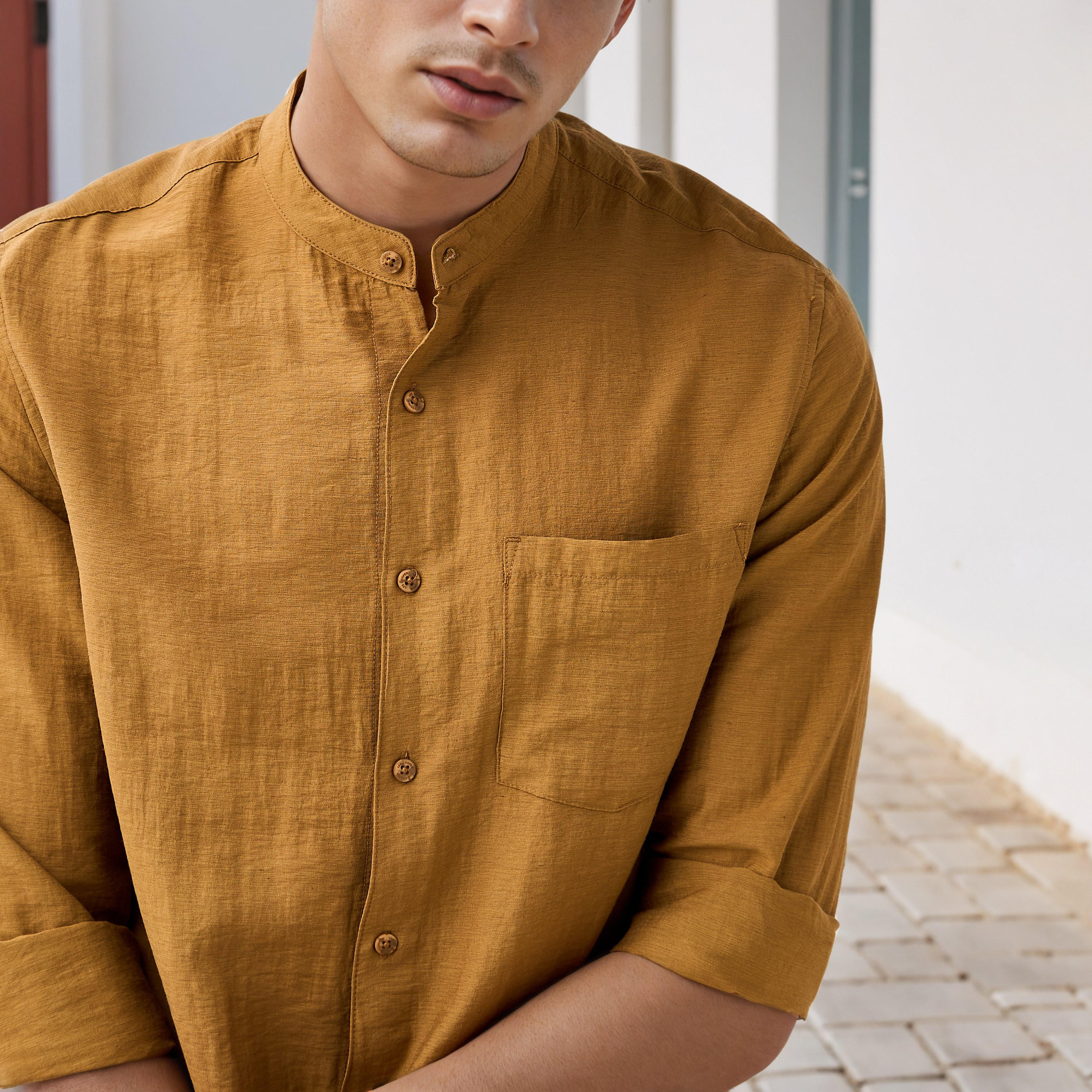 Lee Cooper Regular Fit Linen Blend Shirt with Mandarin Collar-men-clothing-shirts-image-5