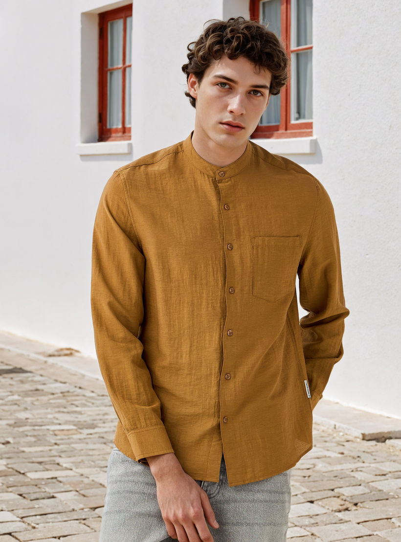 Lee Cooper Regular Fit Linen Blend Shirt with Mandarin Collar-men-clothing-shirts-image-6