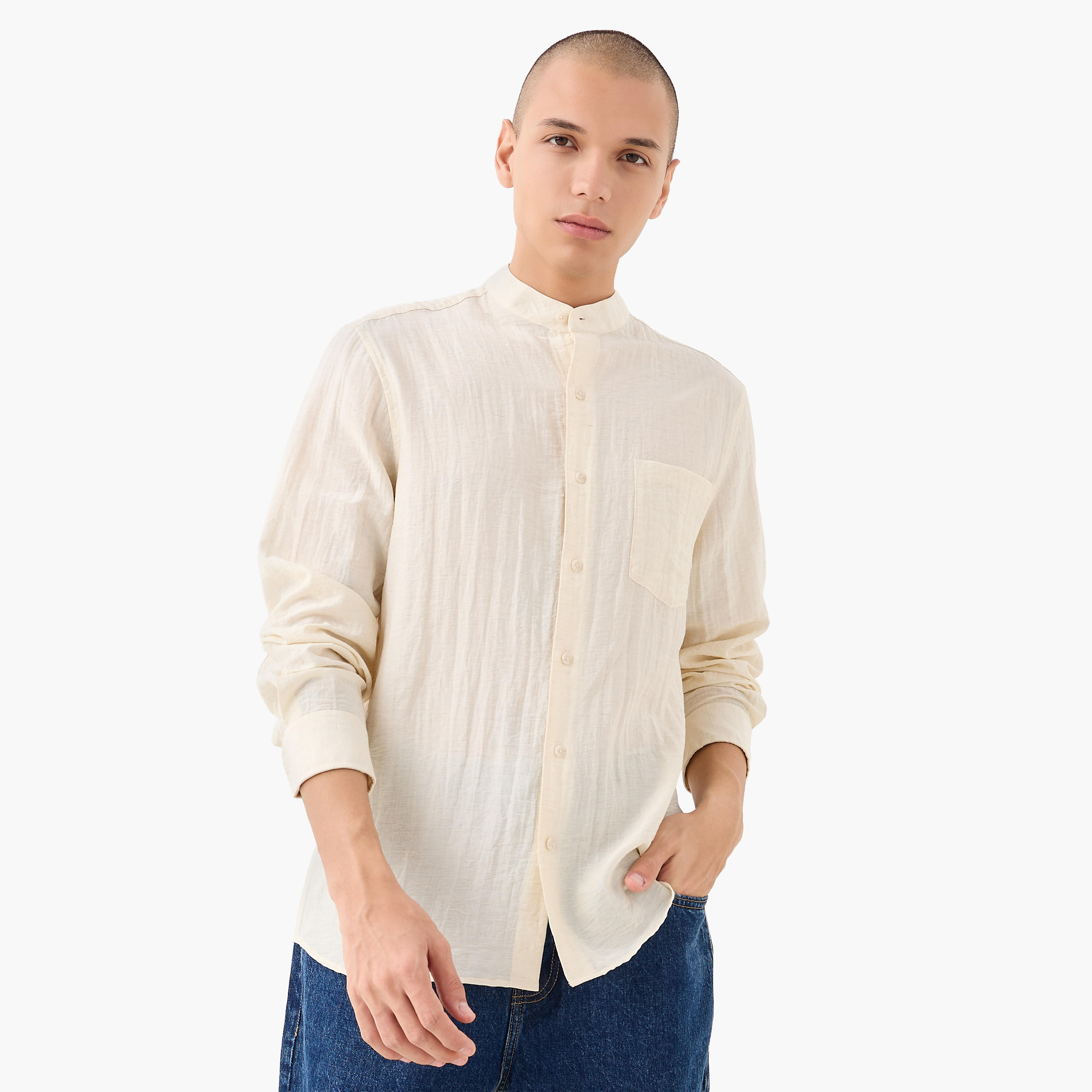 Lee Cooper Regular Fit Linen Blend Shirt with Mandarin Collar-men-clothing-shirts-image-1