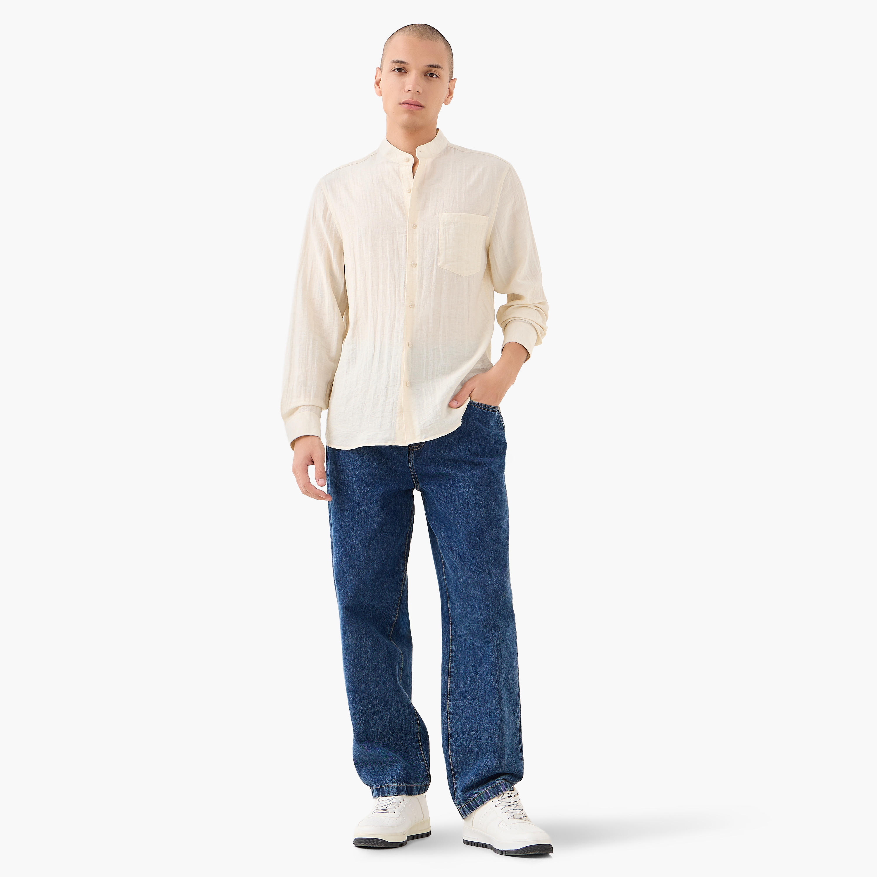Lee Cooper Regular Fit Linen Blend Shirt with Mandarin Collar-men-clothing-shirts-image-2