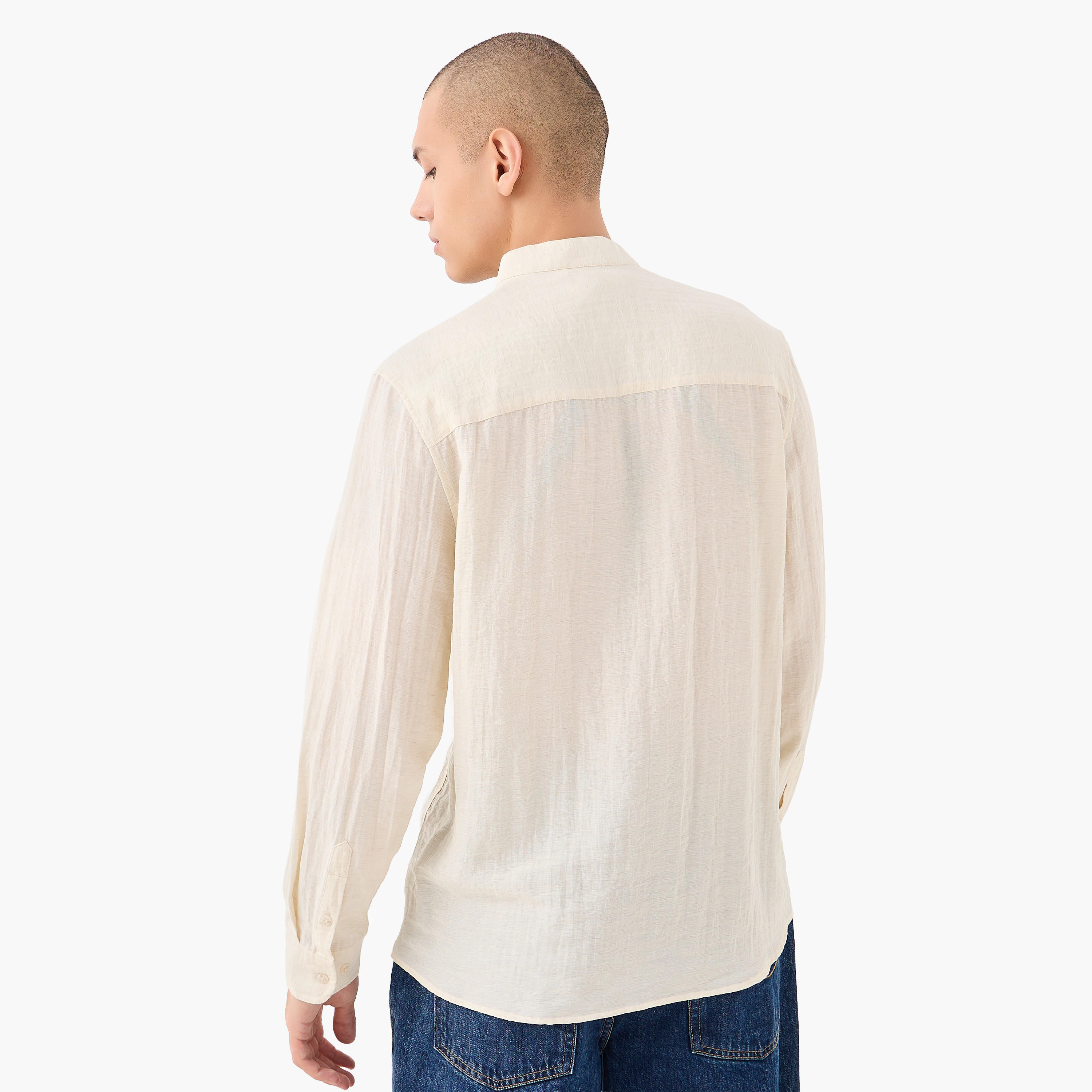Lee Cooper Regular Fit Linen Blend Shirt with Mandarin Collar-men-clothing-shirts-image-3
