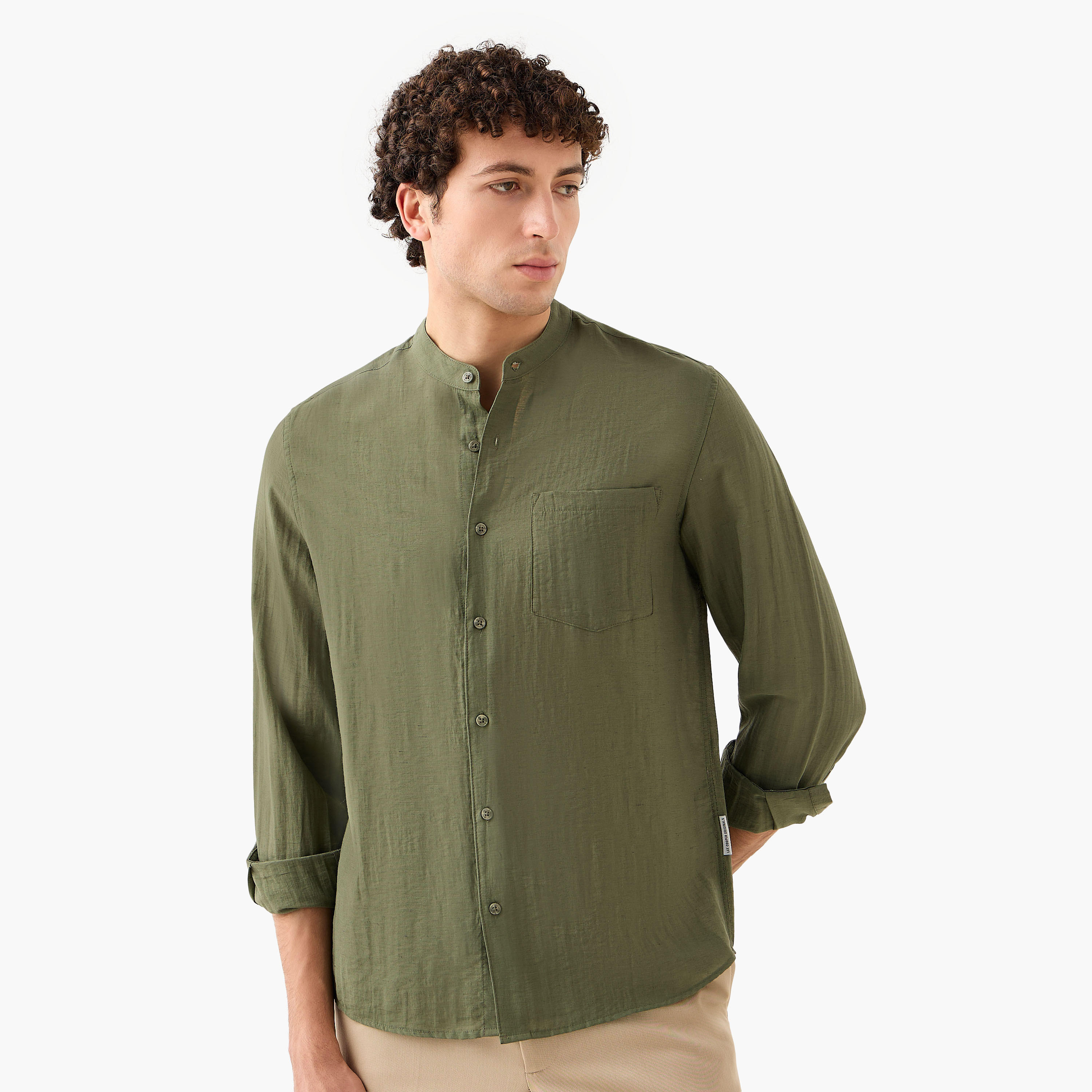 Lee Cooper Regular Fit Linen Blend Shirt with Mandarin Collar-men-clothing-shirts-image-1