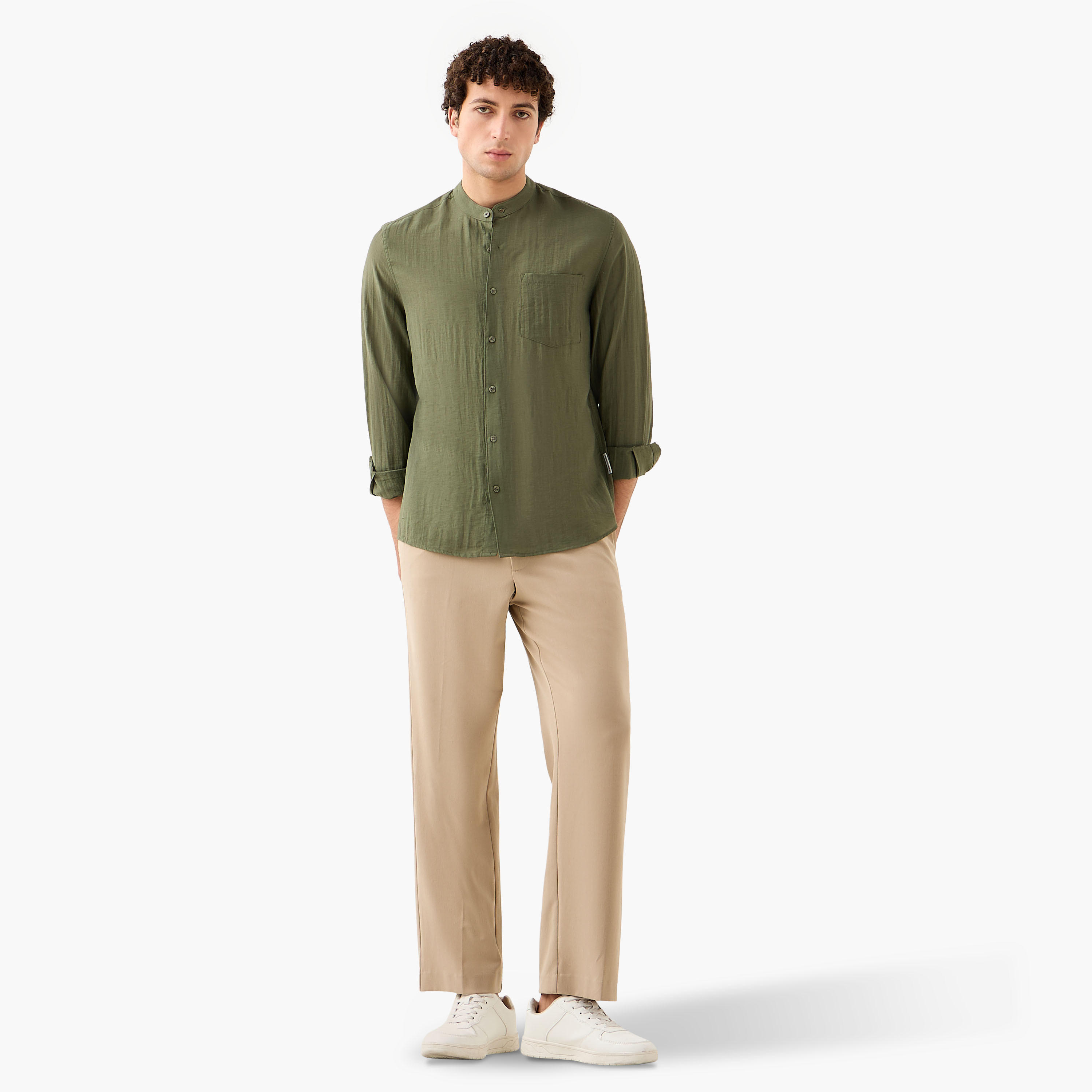Lee Cooper Regular Fit Linen Blend Shirt with Mandarin Collar-men-clothing-shirts-image-2