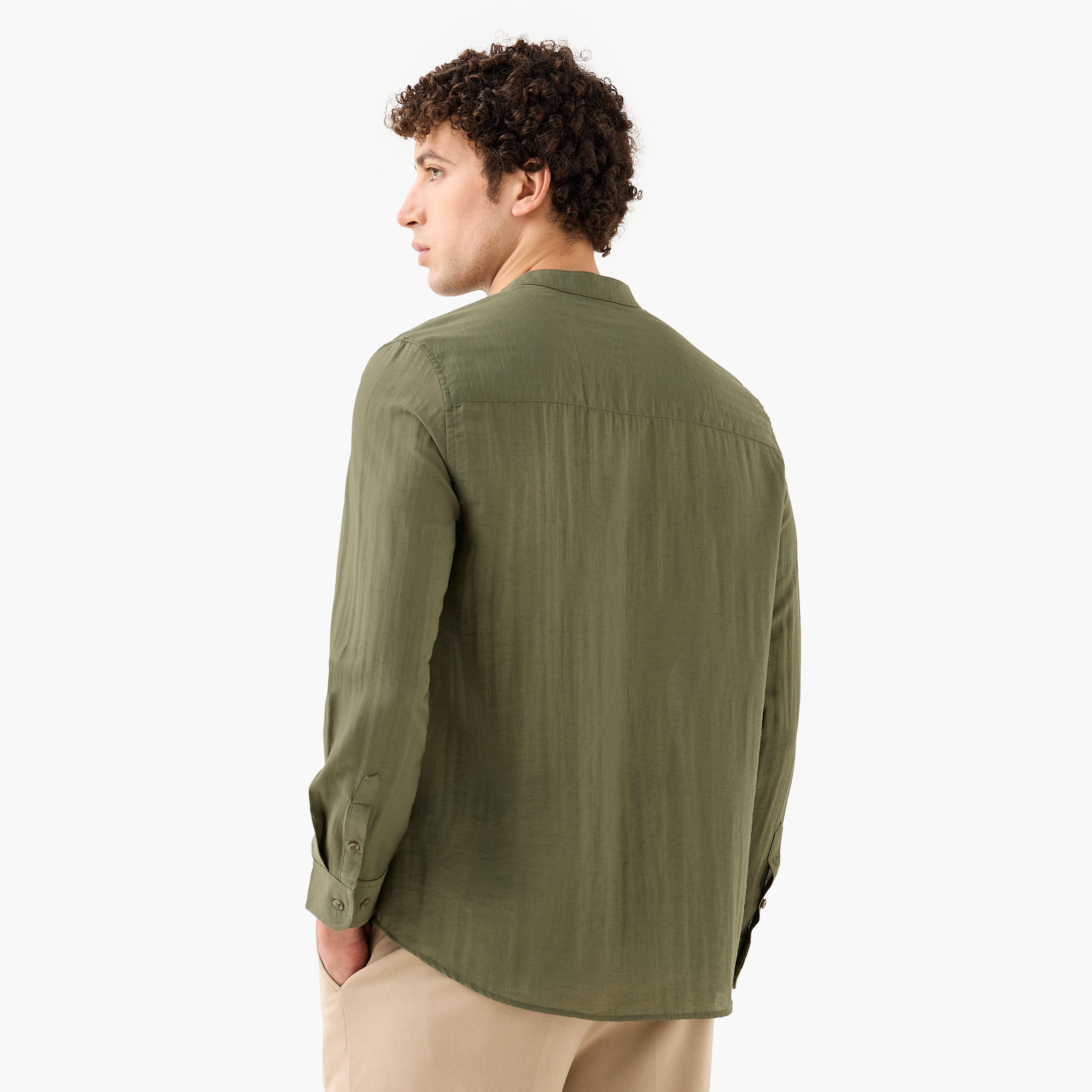 Lee Cooper Regular Fit Linen Blend Shirt with Mandarin Collar-men-clothing-shirts-image-3