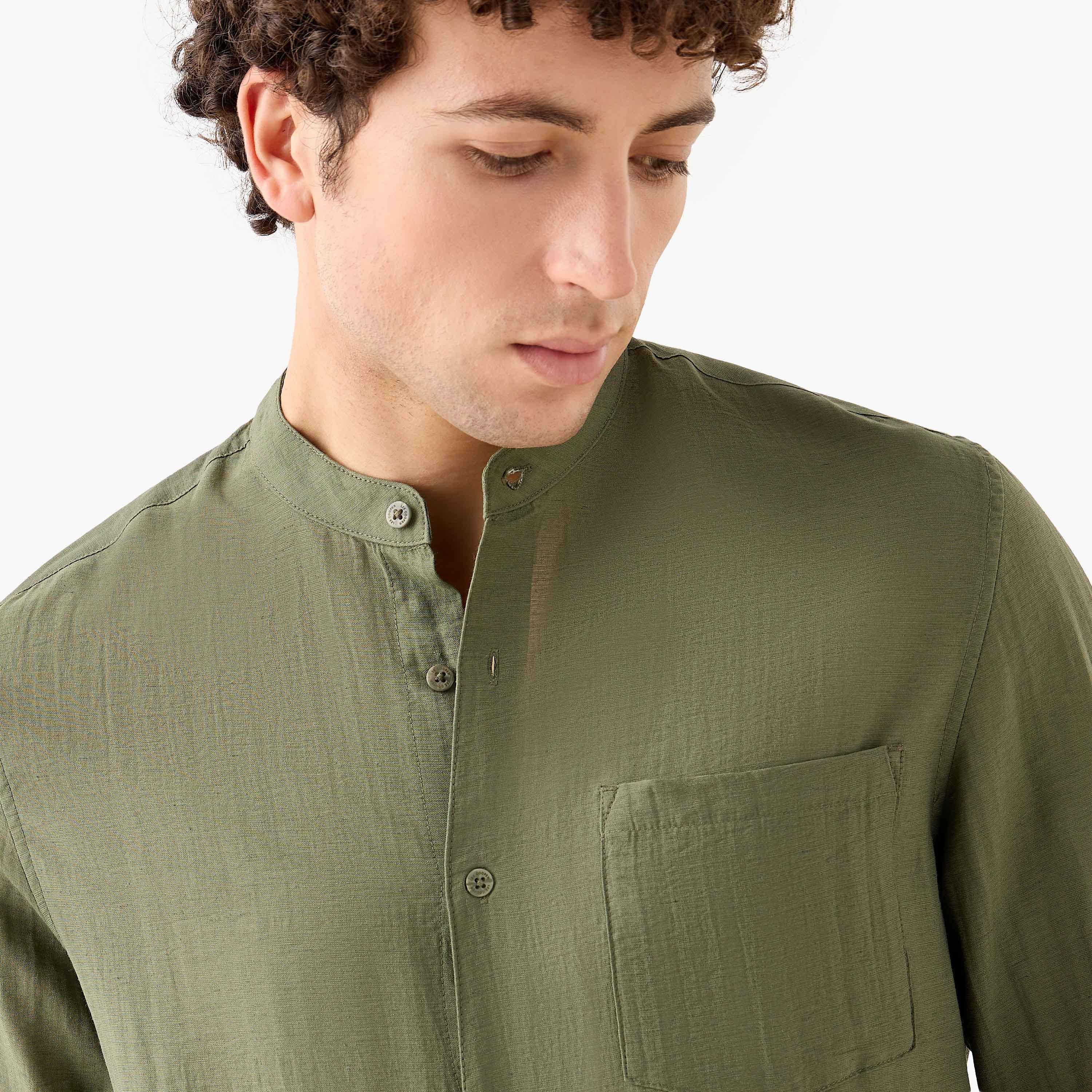 Lee Cooper Regular Fit Linen Blend Shirt with Mandarin Collar-men-clothing-shirts-image-4