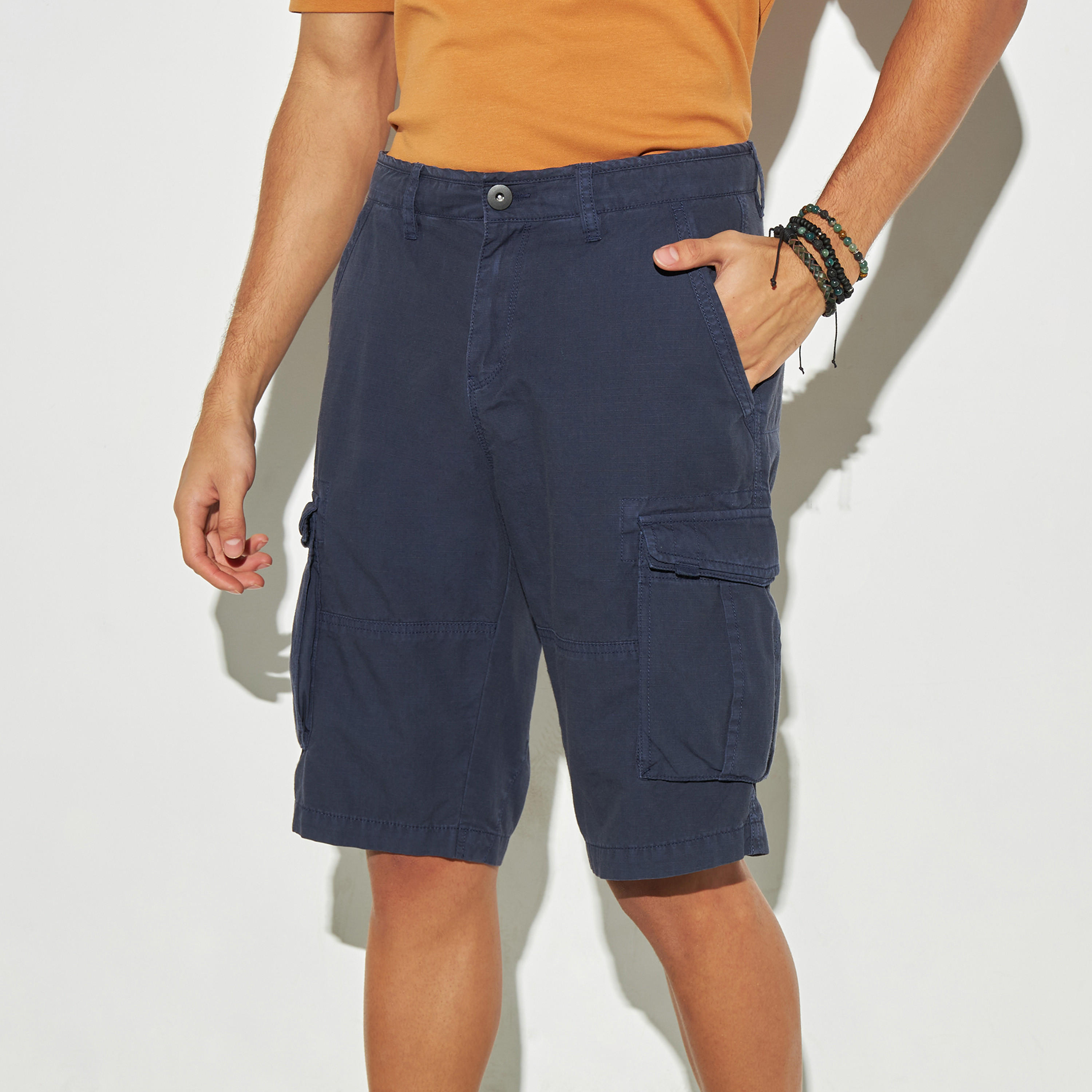 Lee Cooper Solid Cargo Shorts with Pockets and Button Closure-men-clothing-bottoms-shorts-image-1