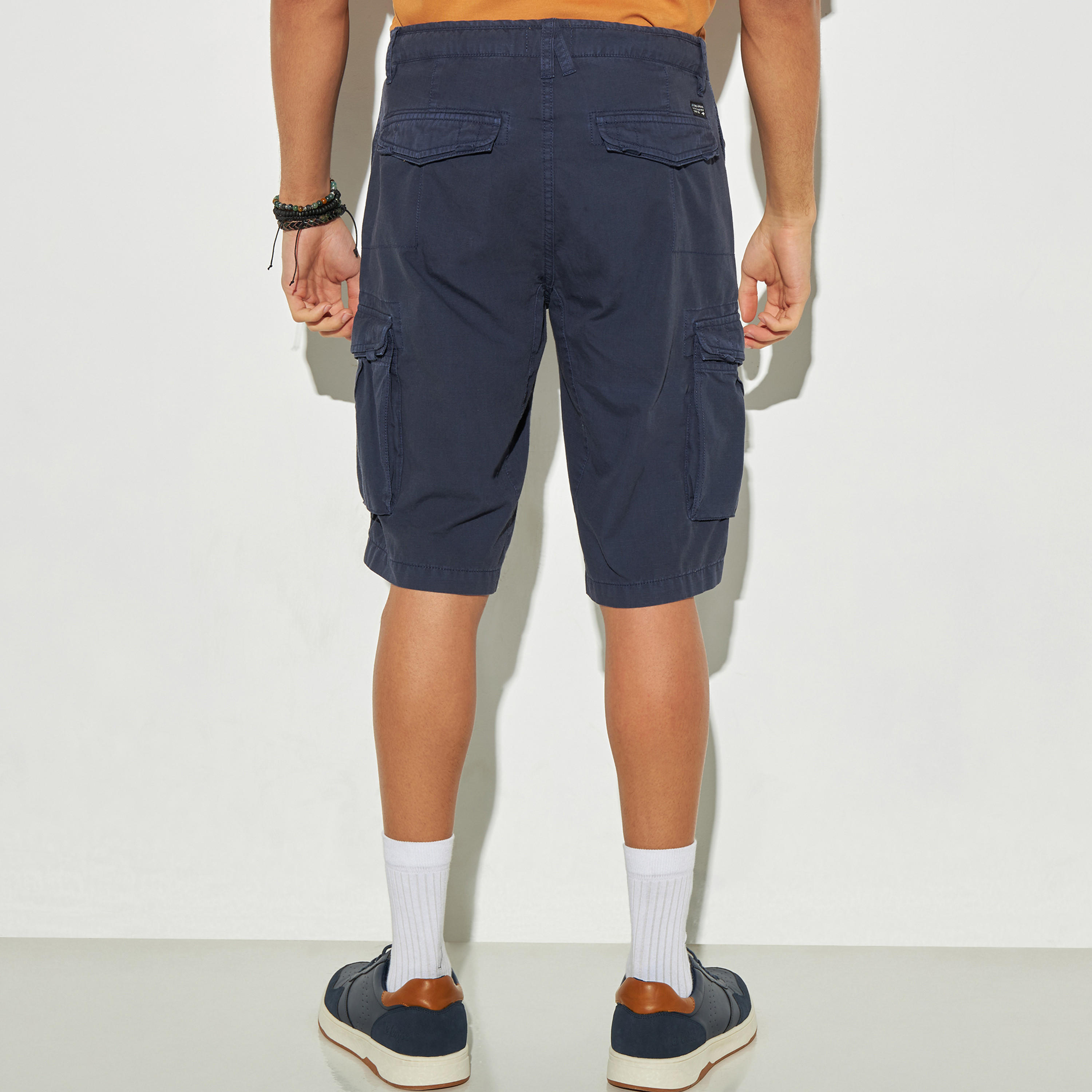 Lee Cooper Solid Cargo Shorts with Pockets and Button Closure-men-clothing-bottoms-shorts-image-3