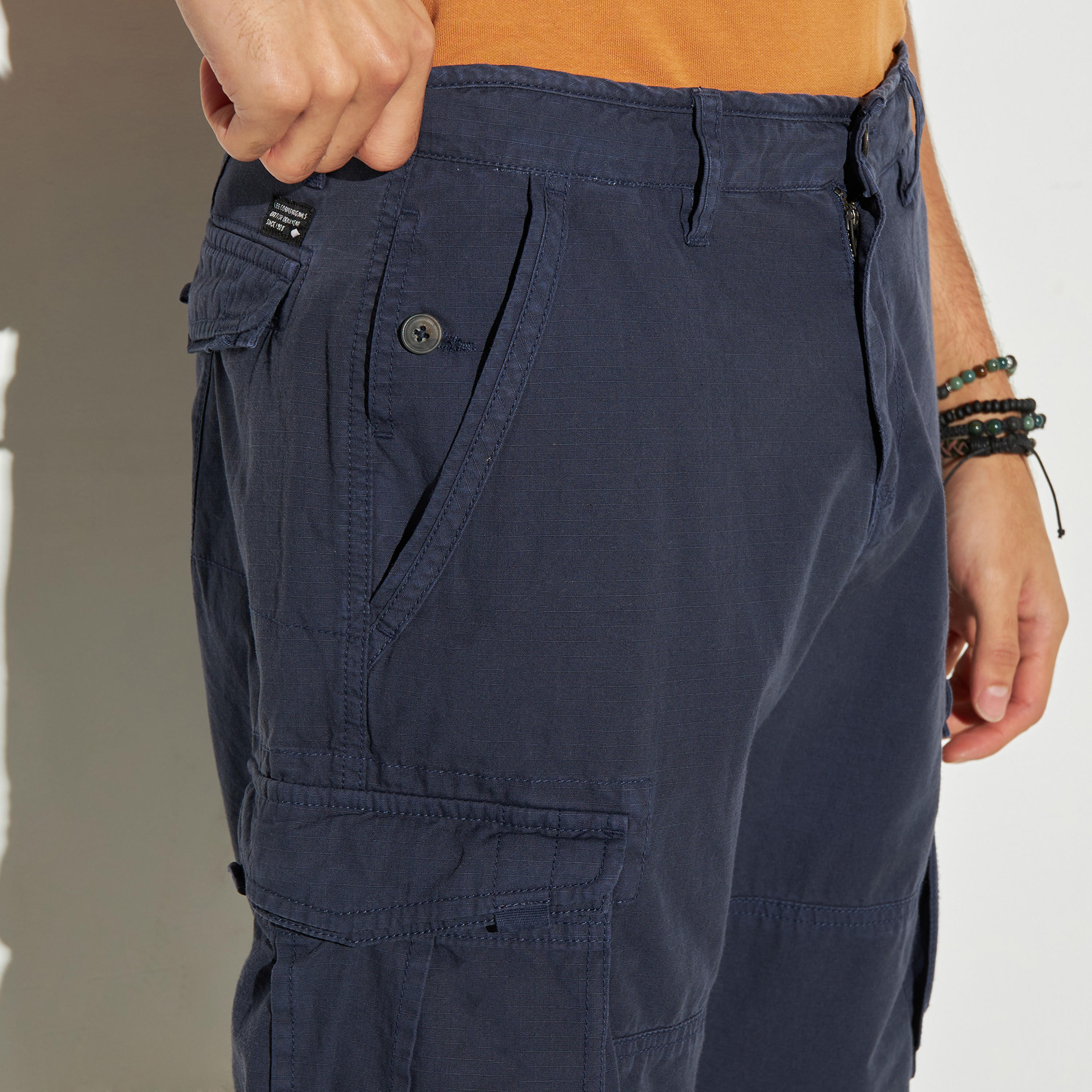 Lee Cooper Solid Cargo Shorts with Pockets and Button Closure-men-clothing-bottoms-shorts-image-4