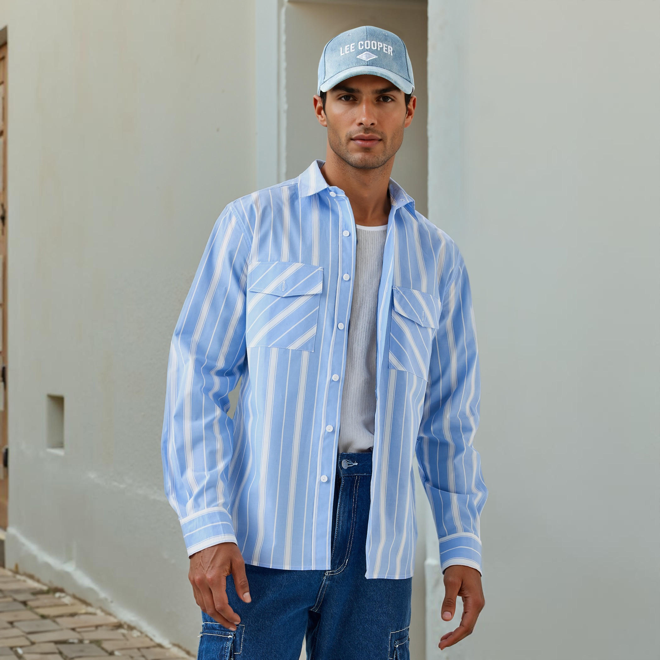 قميص مخطط بجيوب من لي كوبر-men-clothing-shirts-image-1