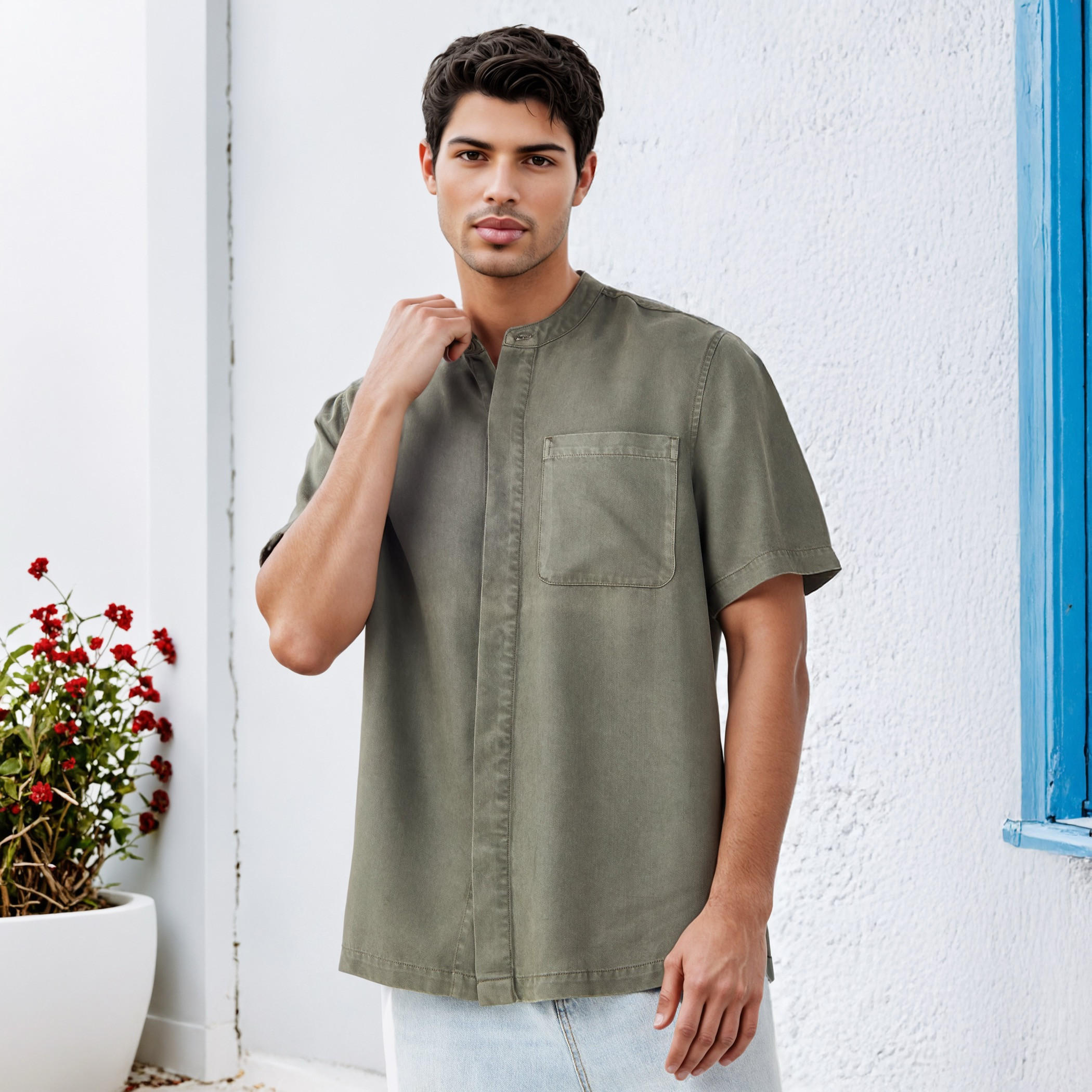 Lee Cooper Regular Fit Mandarin Collar Tencel Shirt-men-clothing-shirts-image-1