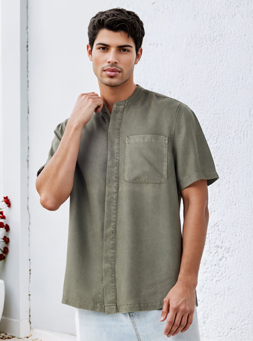 Lee Cooper Regular Fit Mandarin Collar Tencel Shirt-men-clothing-shirts-image-1