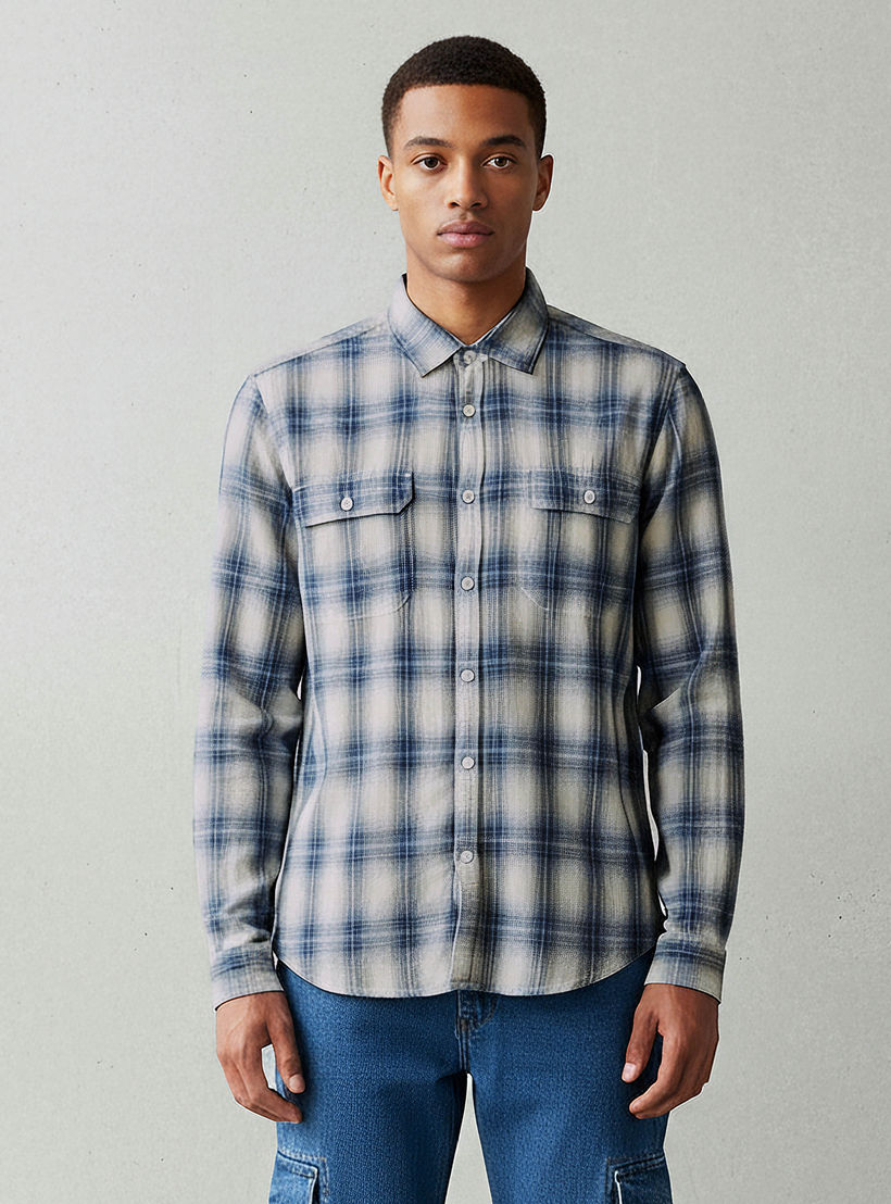 قميص رجالي كاروهات بأكمام طويلة وياقة عادية من لي كوبر-men-clothing-shirts-image-1