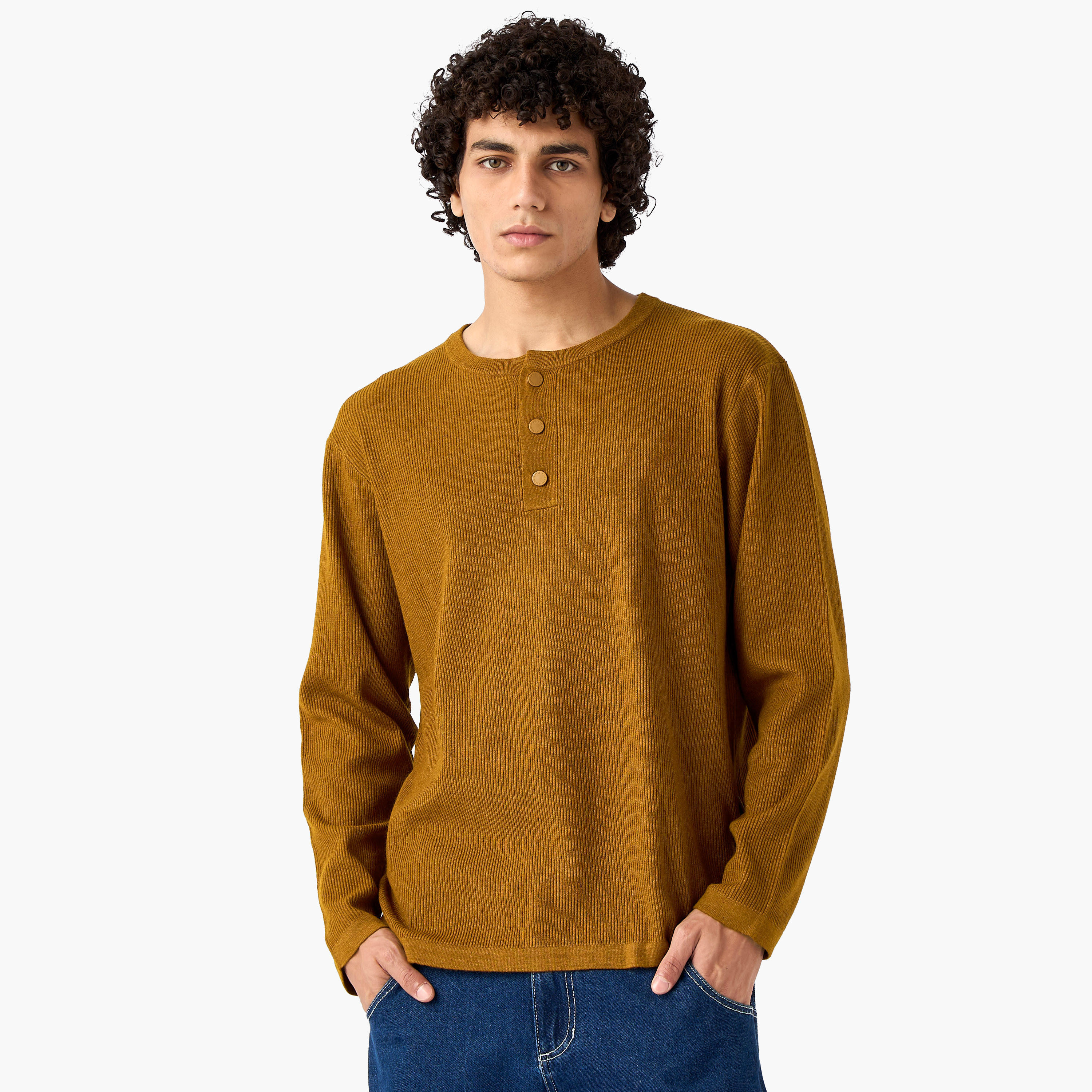 سويت شيرت مضلع بياقة هينلي من لي كوبر-men-winterwear-hoodiesandsweatshirts-image-1