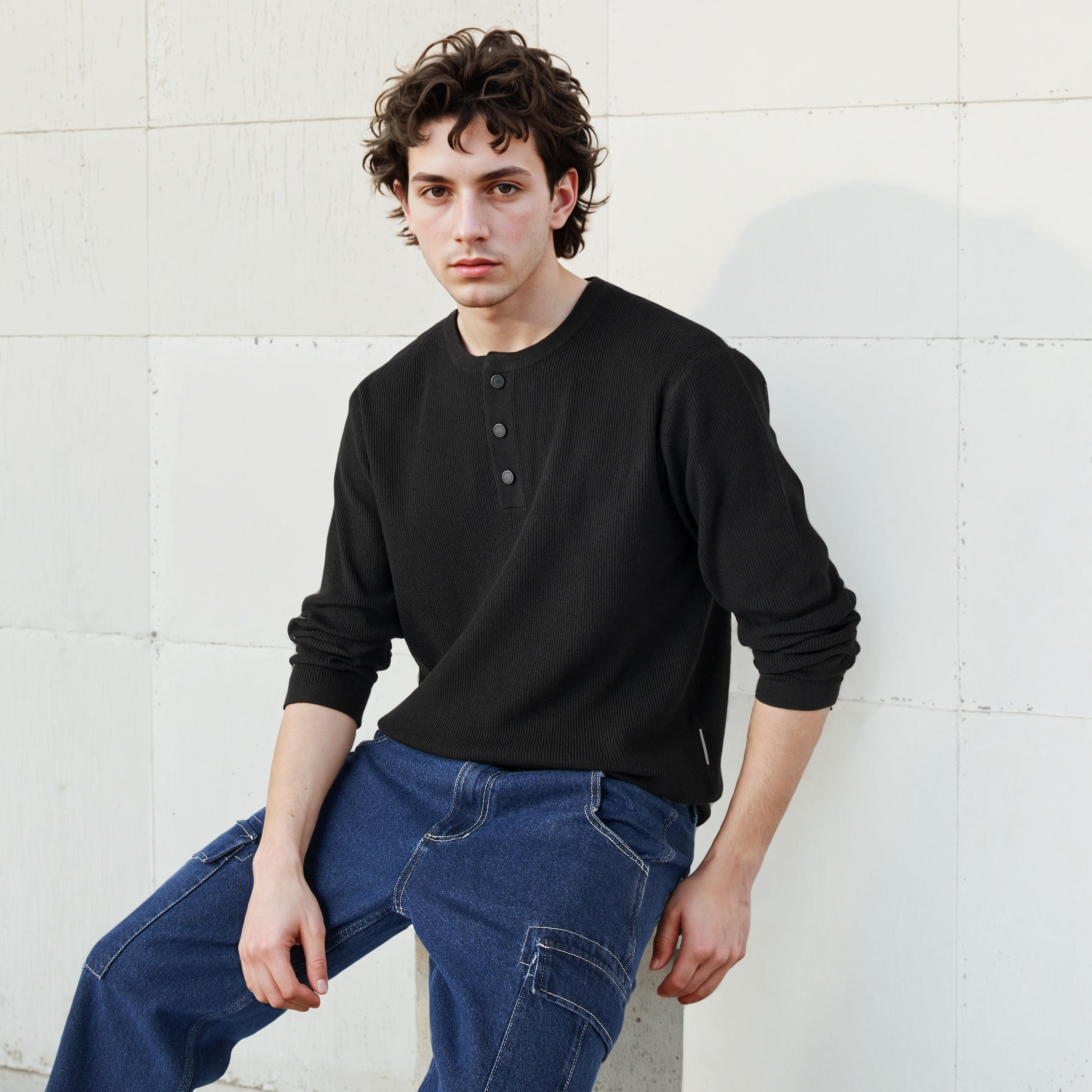 سويت شيرت مضلع بياقة هينلي من لي كوبر-men-winterwear-hoodiesandsweatshirts-image-5