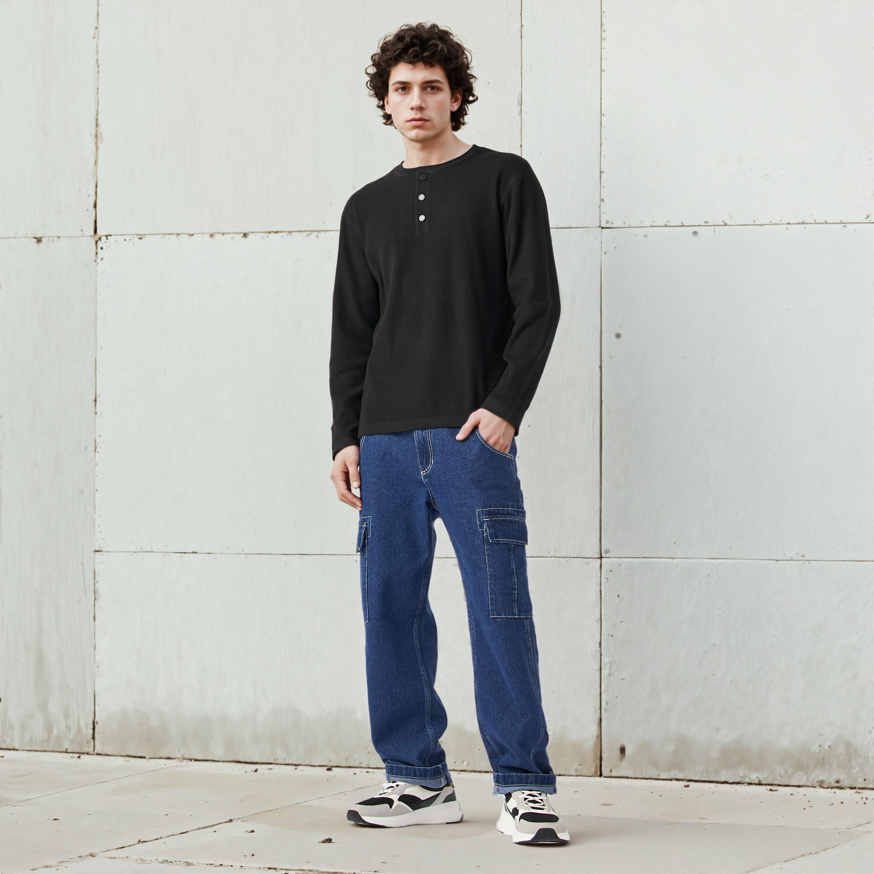 سويت شيرت مضلع بياقة هينلي من لي كوبر-men-winterwear-hoodiesandsweatshirts-image-4