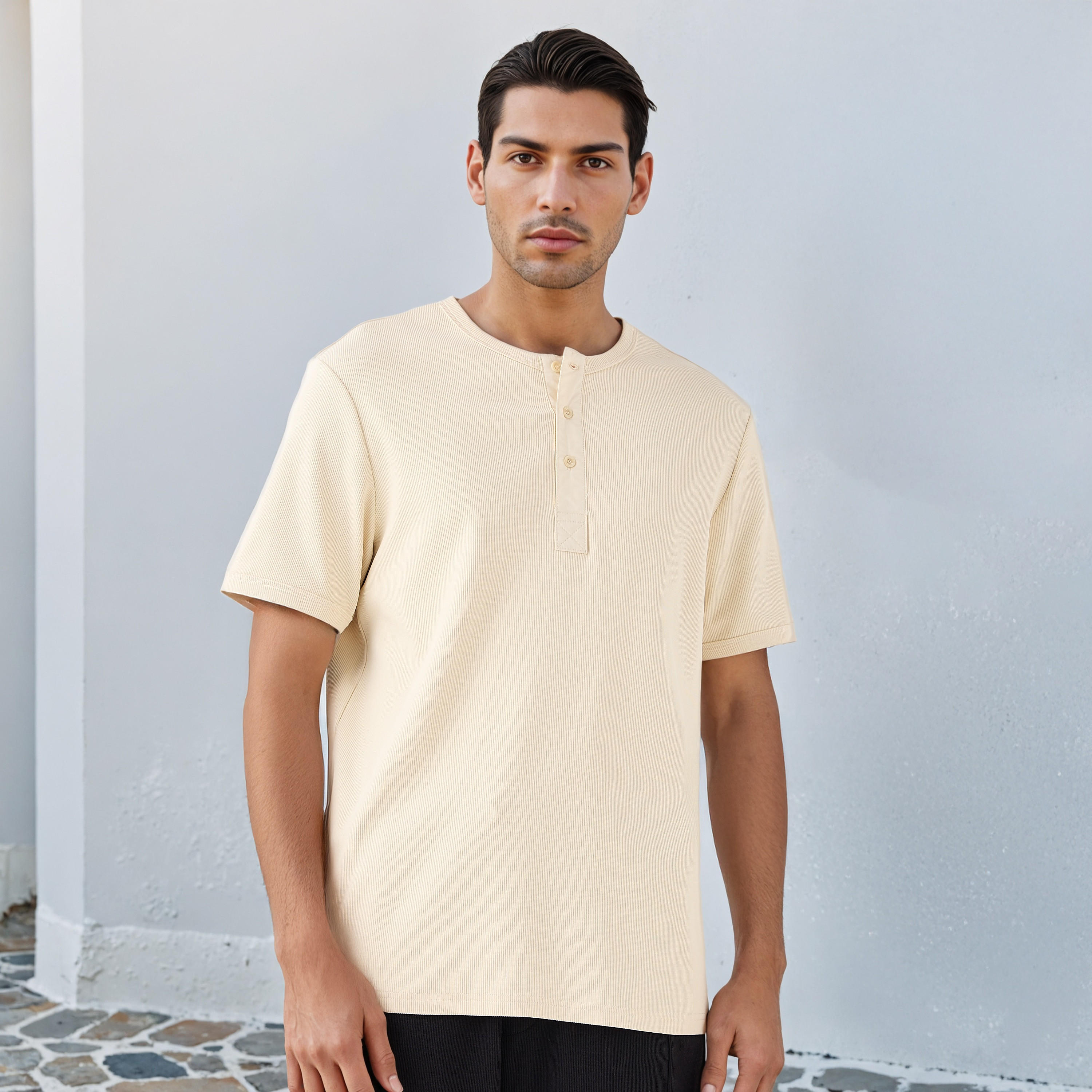 تيشيرت مضلع بياقة هينلي من لي كوبر-men-clothing-tshirtsandpolos-tshirts-image-5