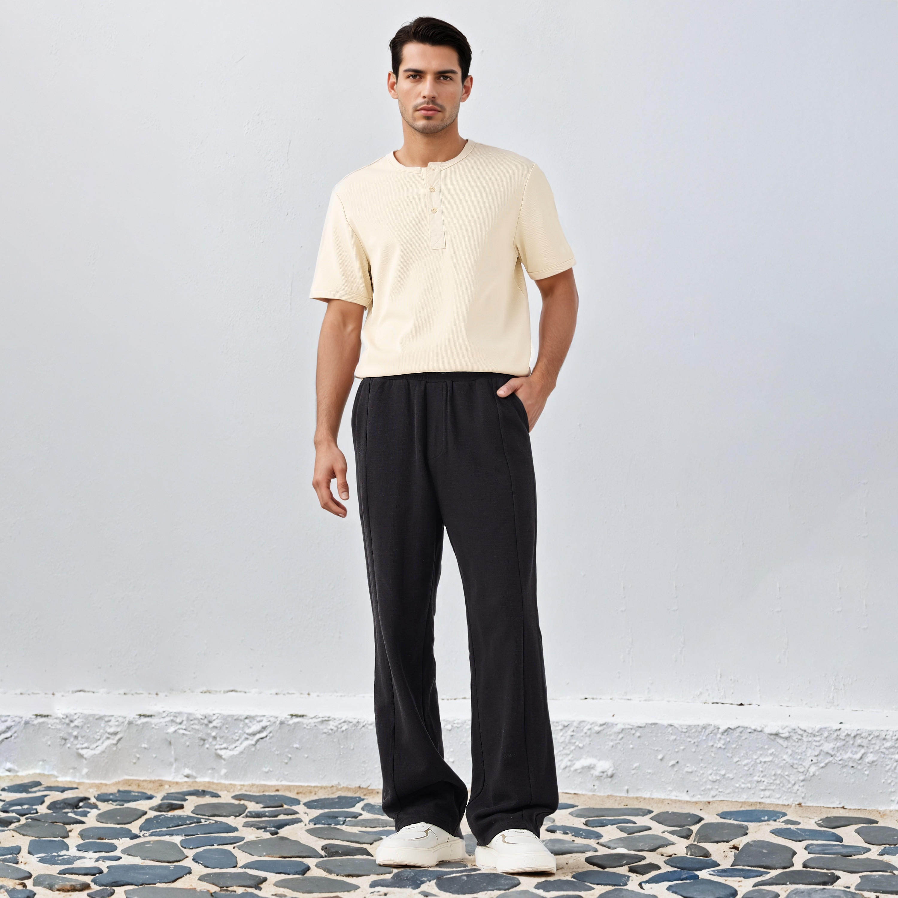 تيشيرت مضلع بياقة هينلي من لي كوبر-men-clothing-tshirtsandpolos-tshirts-image-4