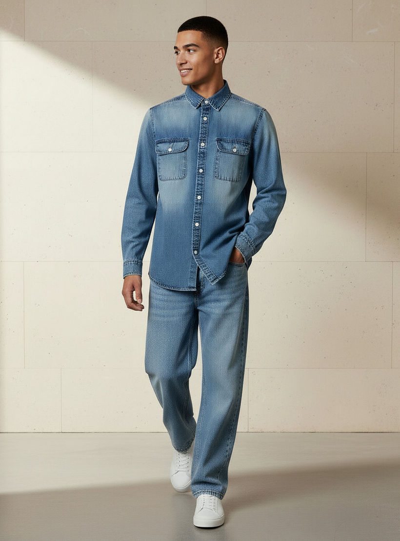 Lee Cooper Men Regular Fit Collared Long Sleeves Reef Denim Shirt-men-clothing-shirts-image-2