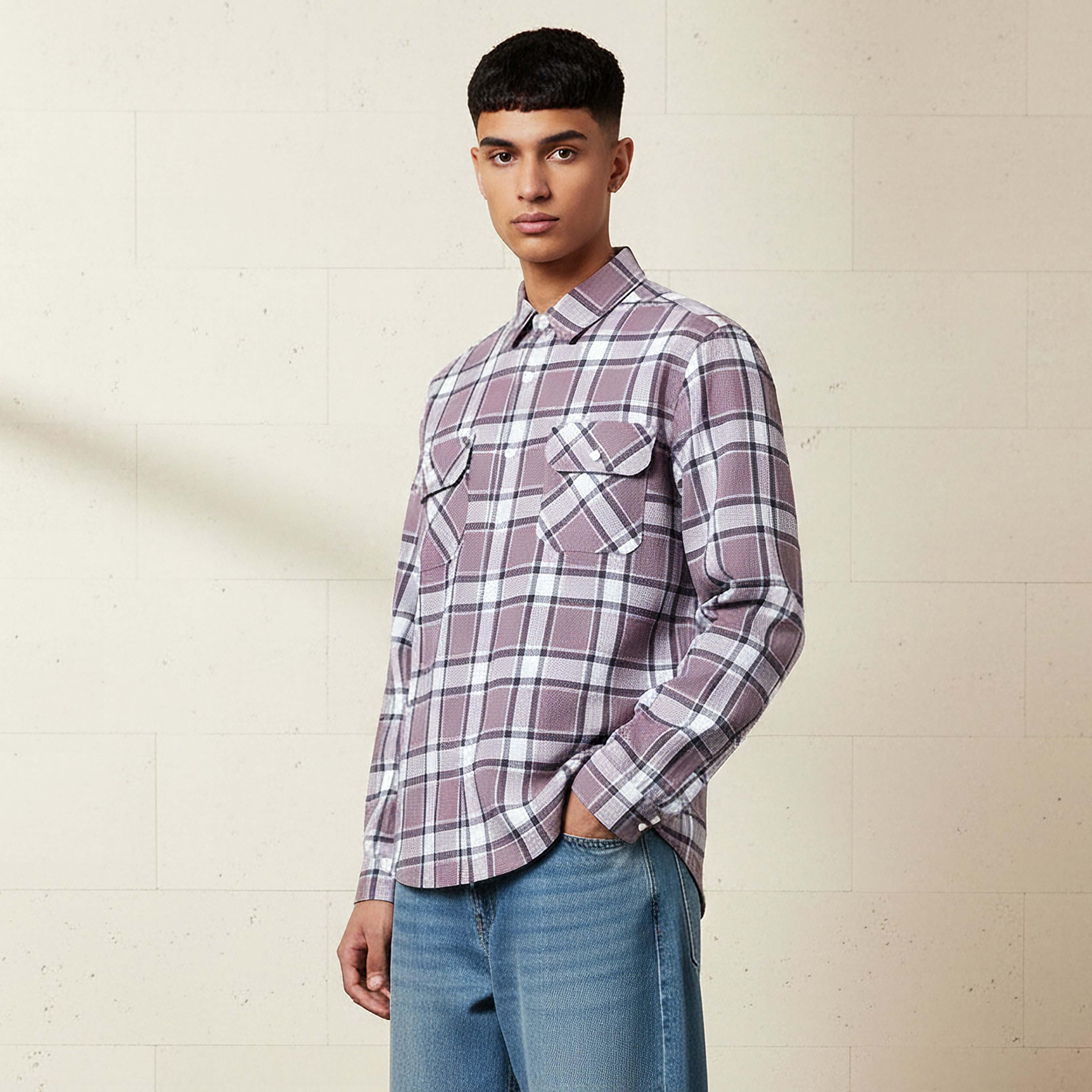 قميص كاروهات بأكمام طويلة وياقة وقصة عادية للرجال من لي كوبر-men-clothing-shirts-image-5