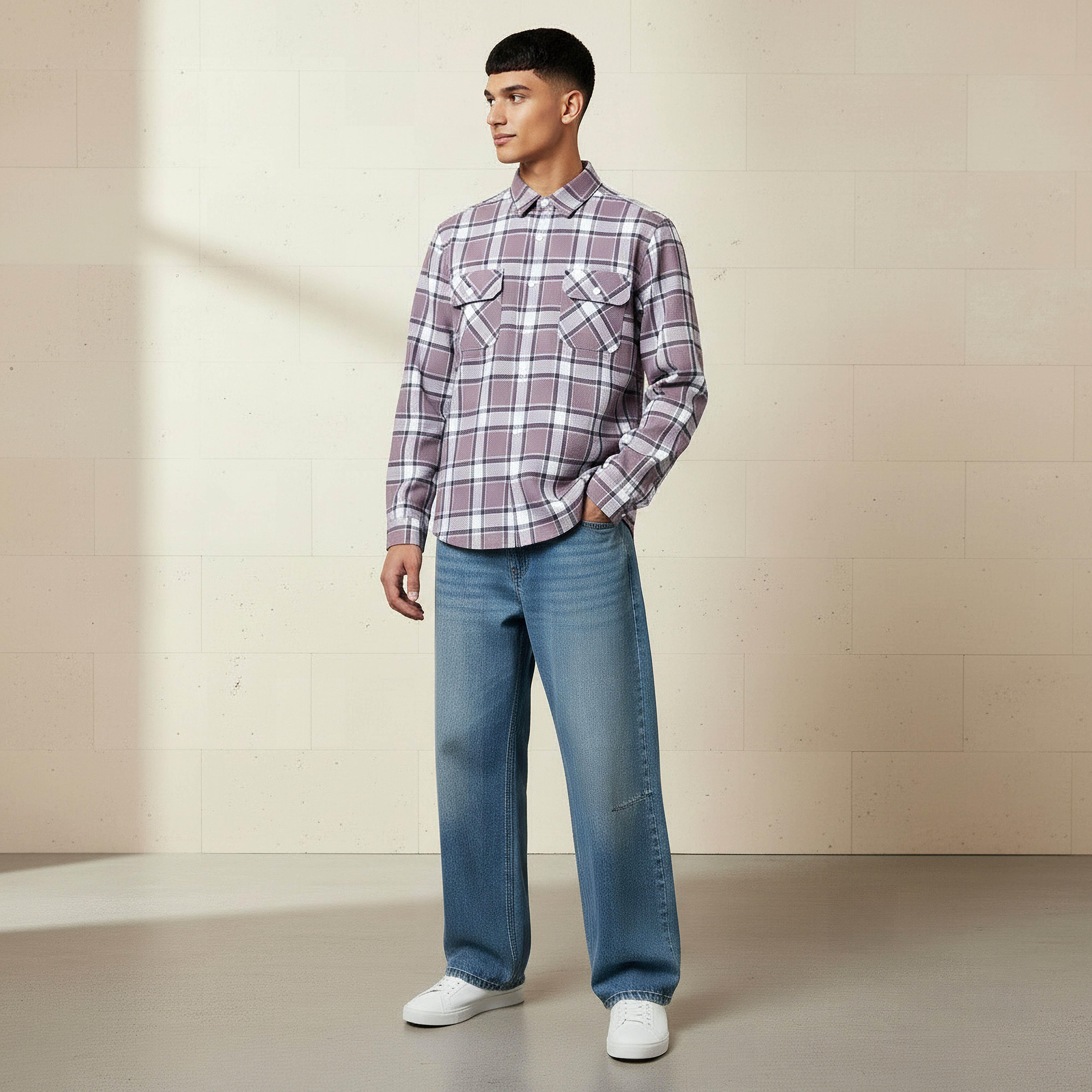 قميص كاروهات بأكمام طويلة وياقة وقصة عادية للرجال من لي كوبر-men-clothing-shirts-image-4