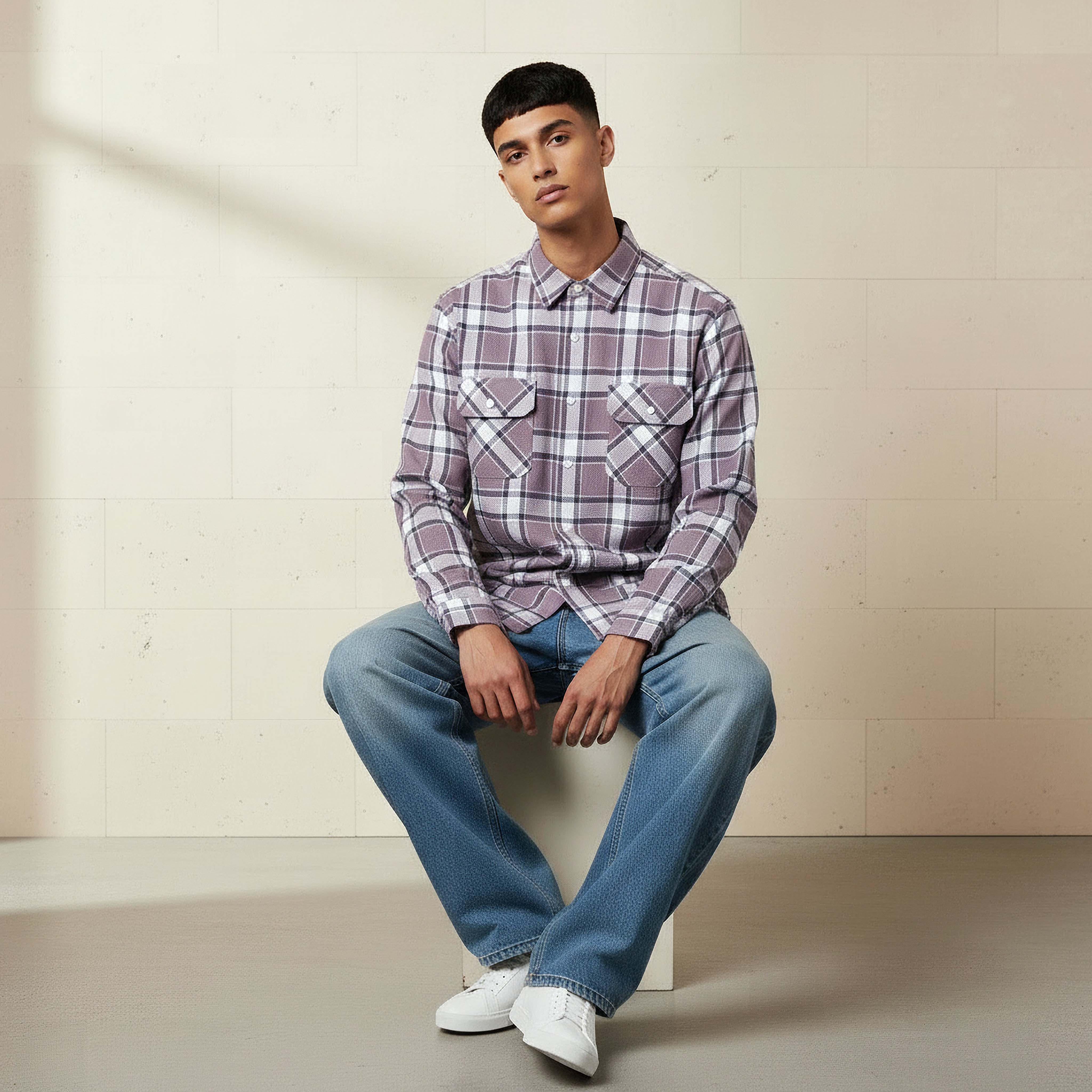 قميص كاروهات بأكمام طويلة وياقة وقصة عادية للرجال من لي كوبر-men-clothing-shirts-image-1