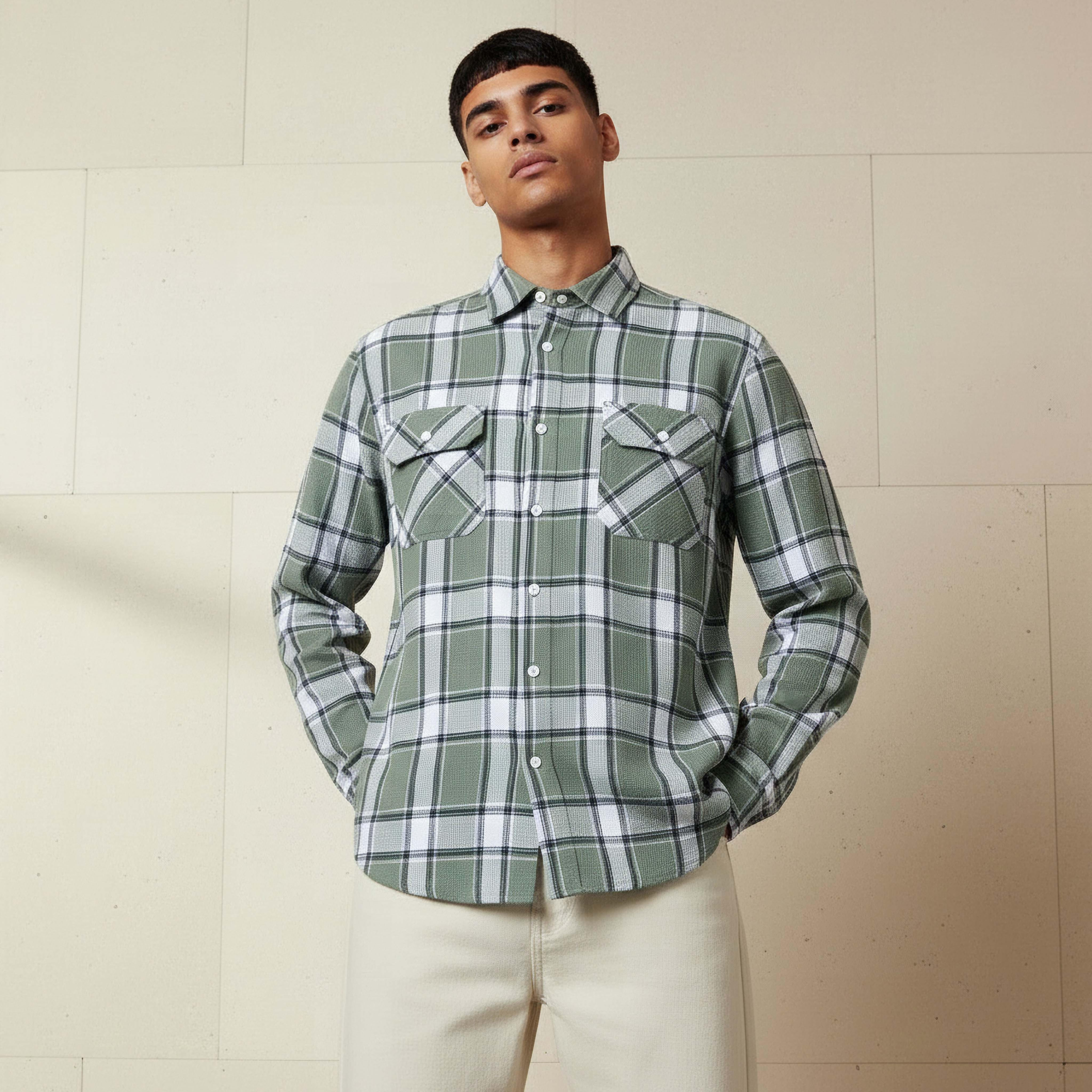 قميص كاروهات بأكمام طويلة وياقة وقصة عادية للرجال من لي كوبر-men-clothing-shirts-image-1