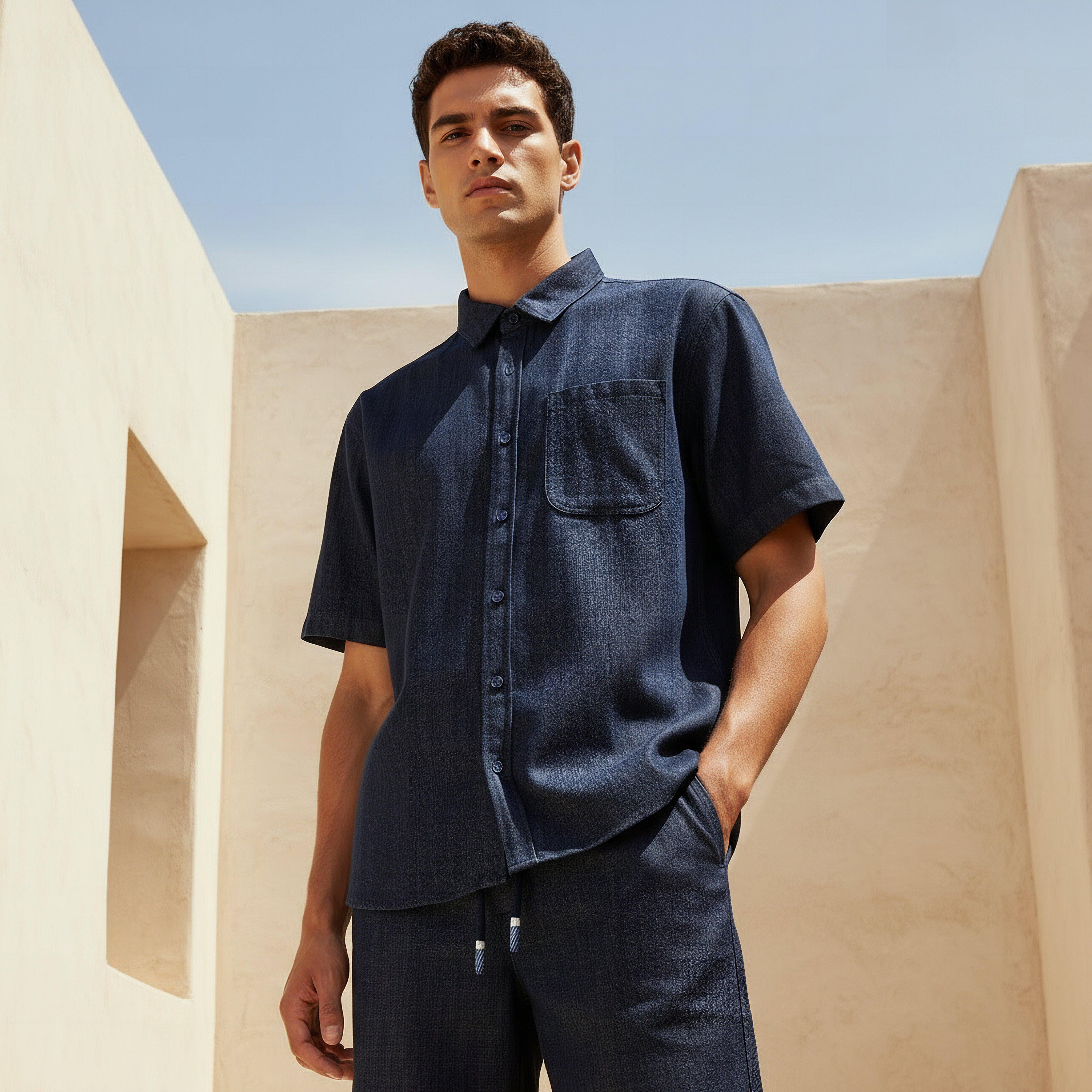 قميص دينم بارز الملمس بياقة وقصة عادية للرجال من لي كوبر-men-clothing-shirts-image-4