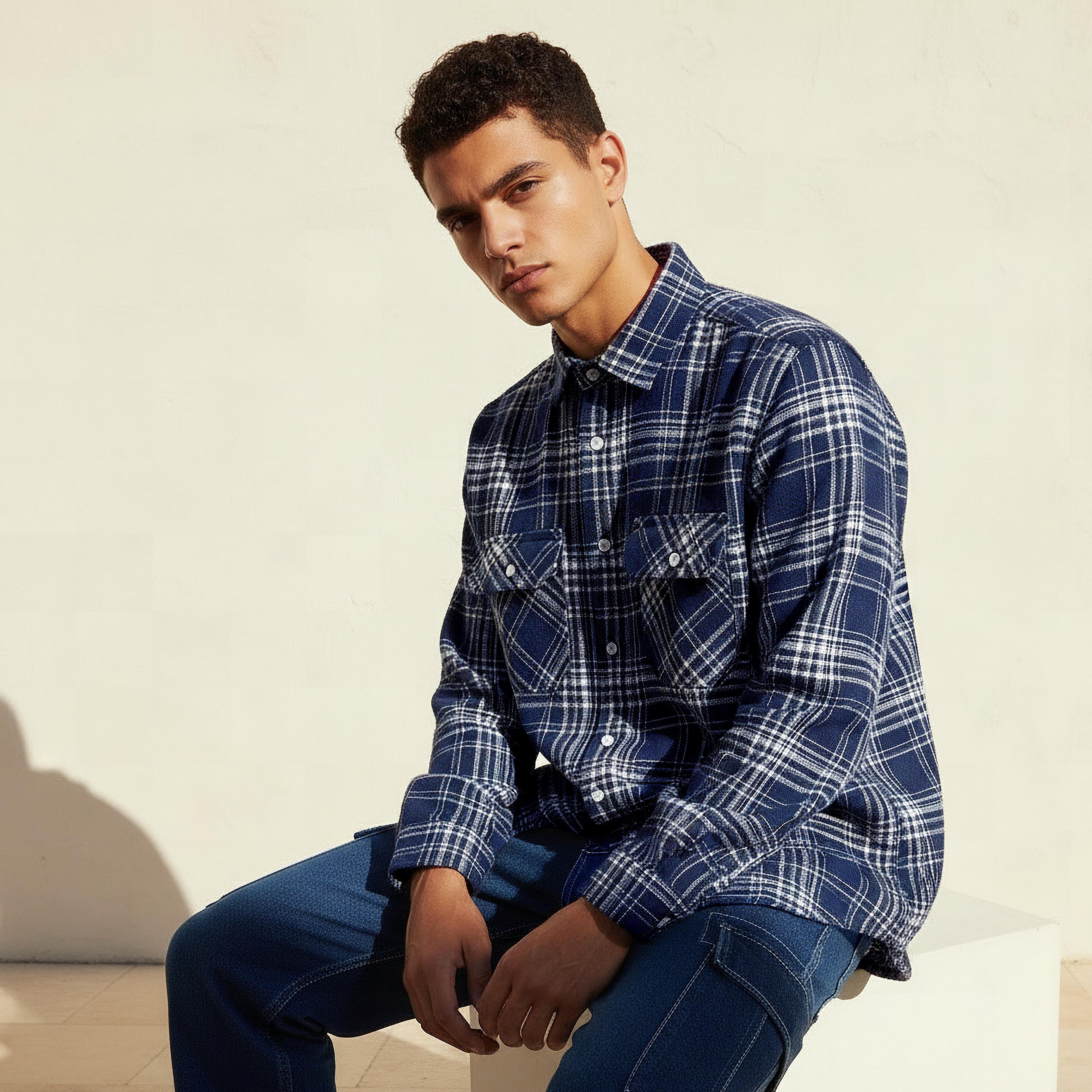 قميص رجالي كاروهات بياقة وقصة عادية وأكمام طويلة من لي كوبر-men-clothing-shirts-image-1