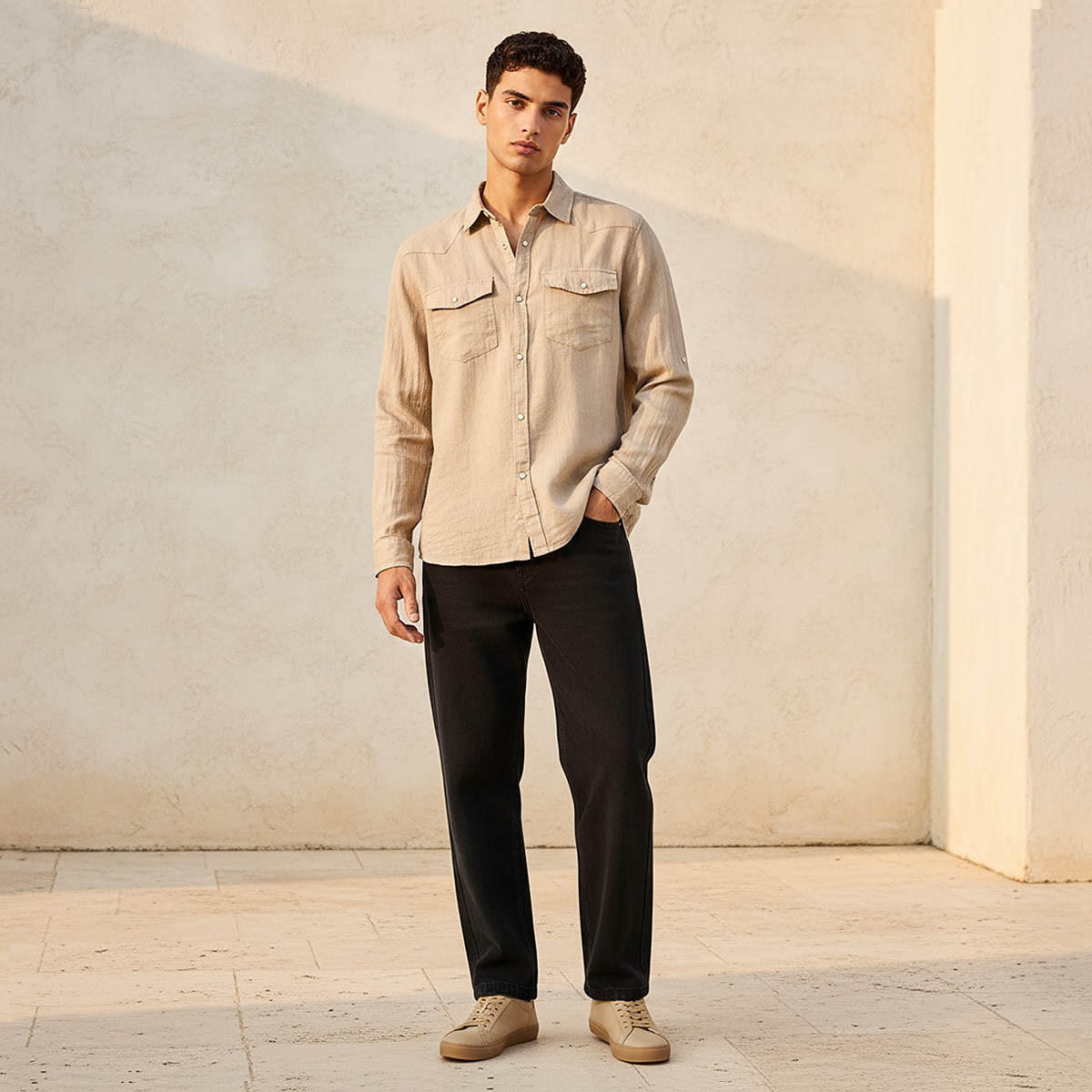 قميص كتان بقصّة عادية وياقة عادية وأكمام طويلة للرجال من لي كوبر-men-clothing-shirts-image-3