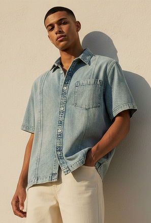 Lee Cooper Regular Fit Collared Panelled Denim Shirt-men-clothing-image-1