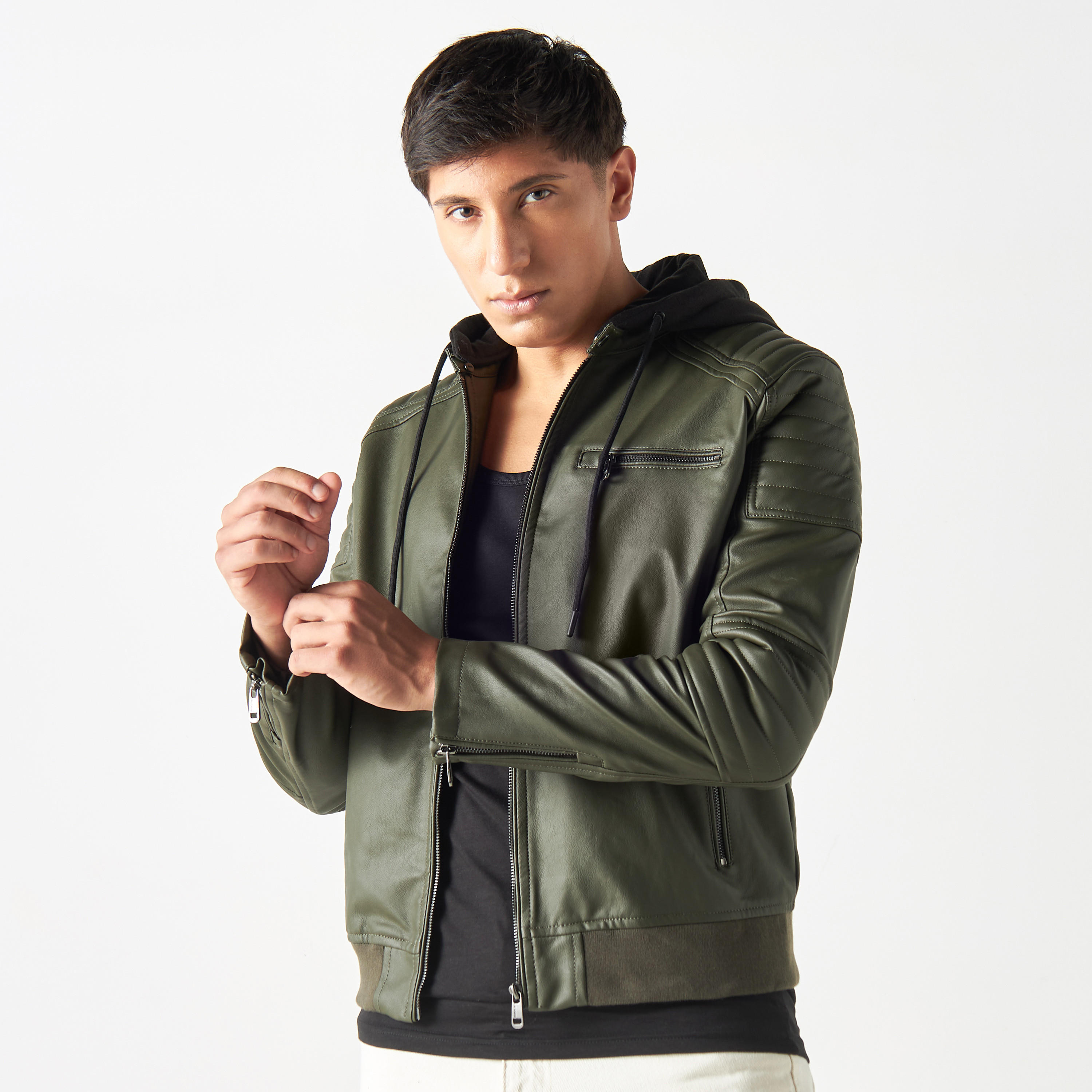Lee Cooper Textured Zip Through Bomber Jacket with Hood and Long Sleeves-men-clothing-jacketsandblazers-jackets-image-1