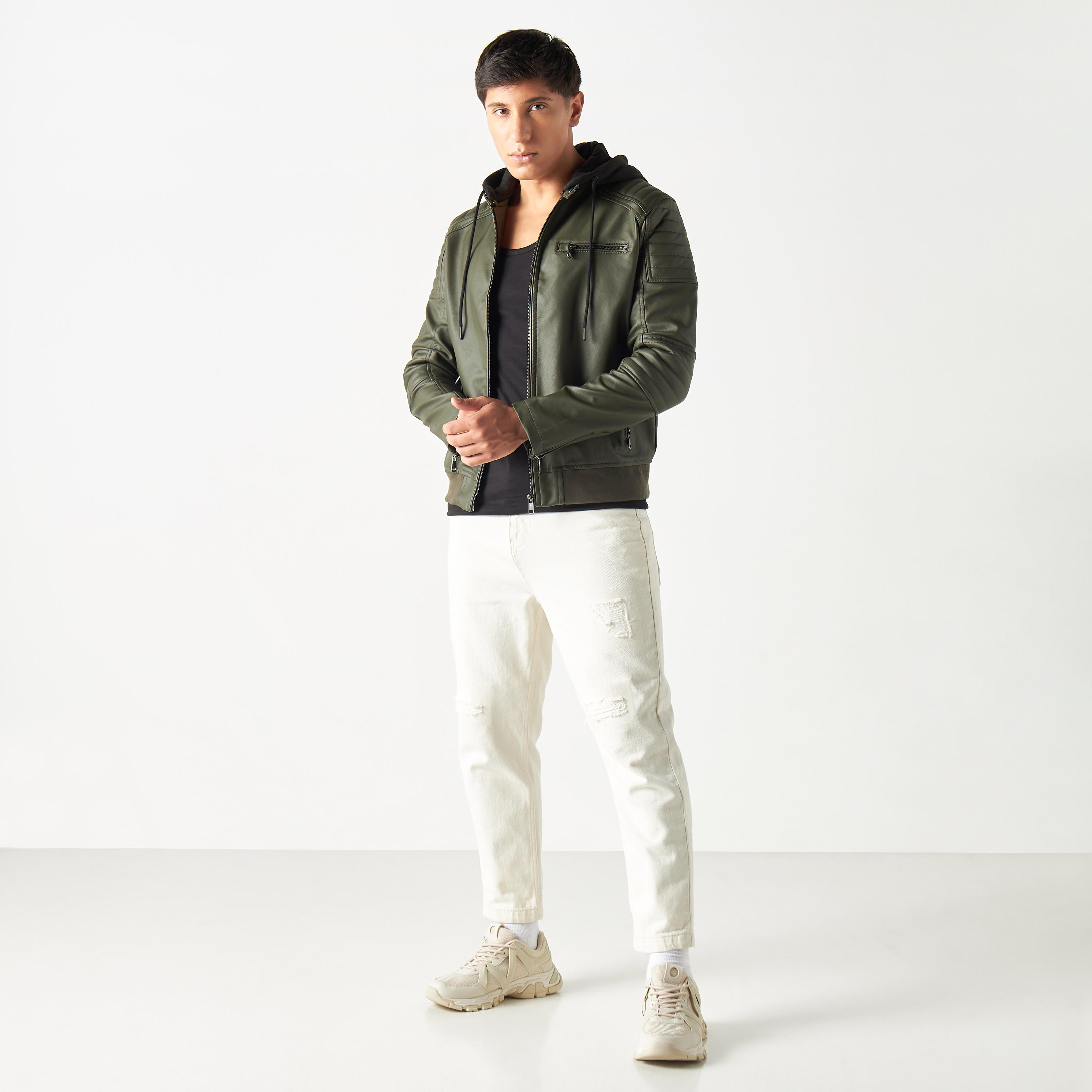 Lee Cooper Textured Zip Through Bomber Jacket with Hood and Long Sleeves-men-clothing-jacketsandblazers-jackets-image-2