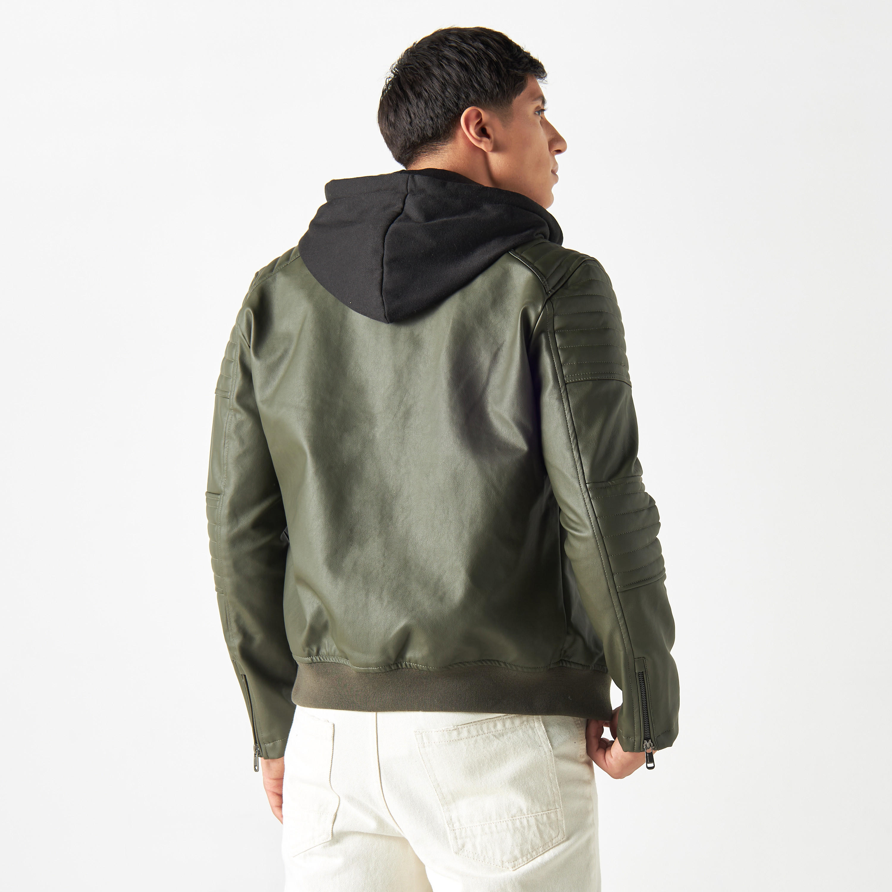 Lee Cooper Textured Zip Through Bomber Jacket with Hood and Long Sleeves-men-clothing-jacketsandblazers-jackets-image-3