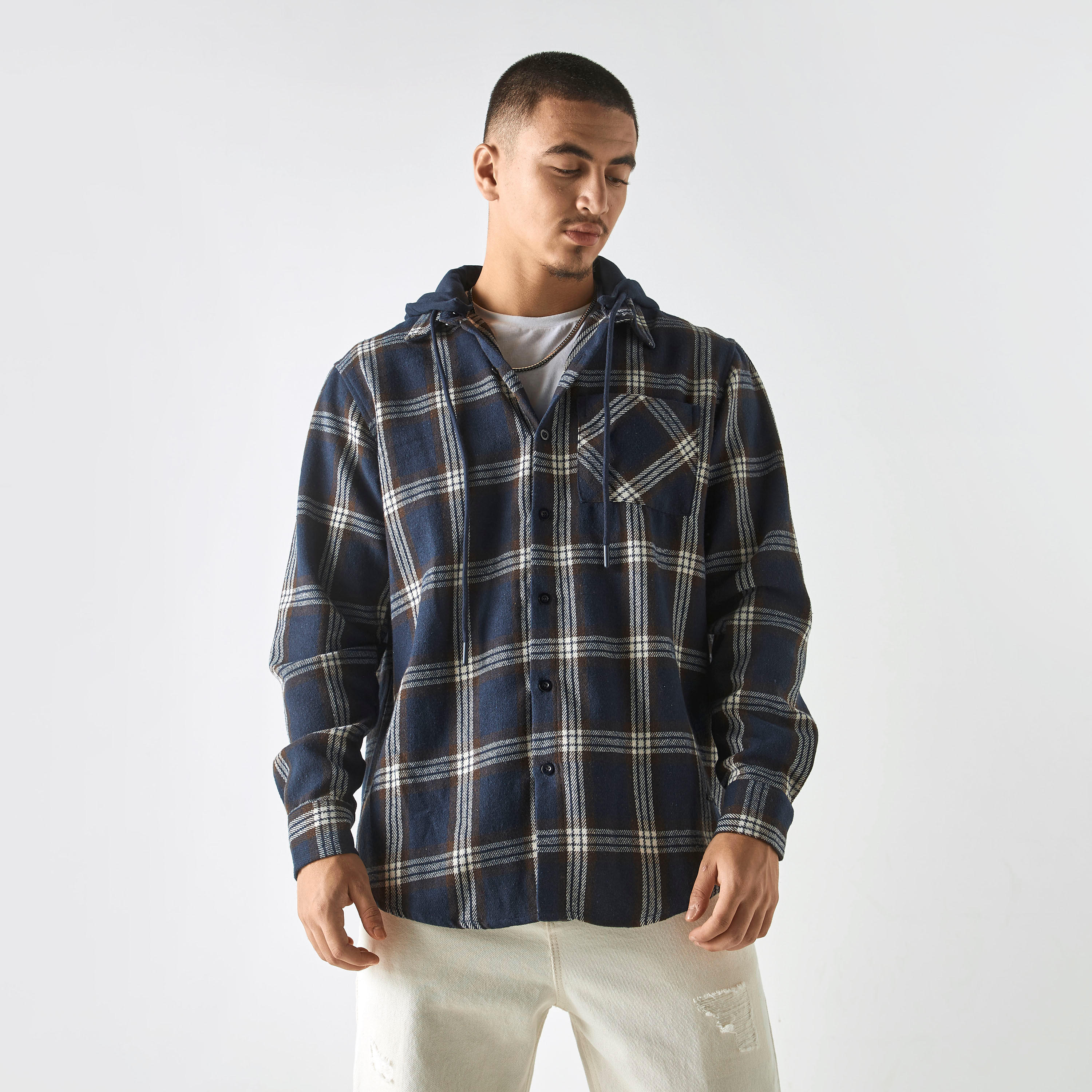 Lee Cooper Checked Button Through Hoodie with Long Sleeves-men-winterwear-hoodiesandsweatshirts-image-1