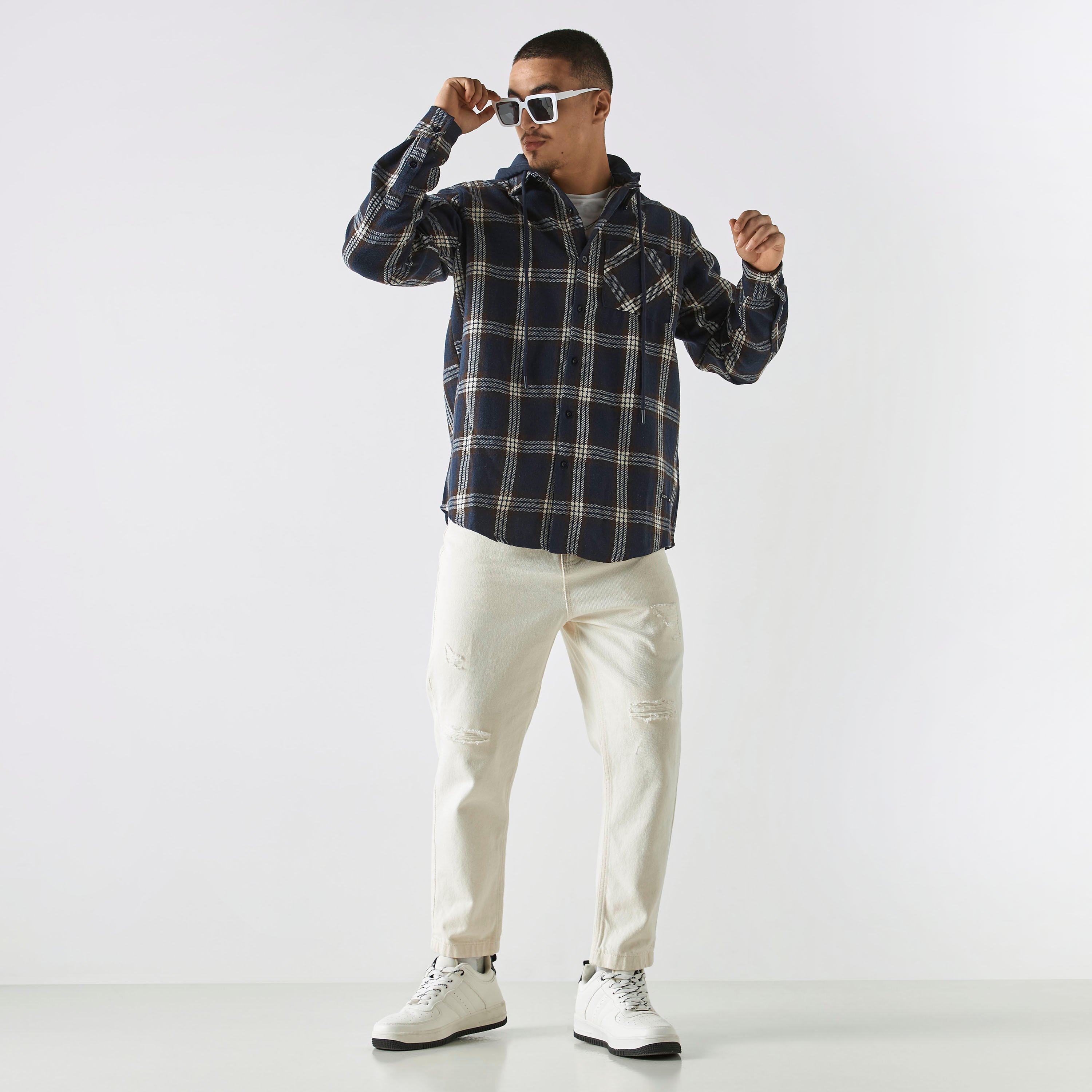 Lee Cooper Checked Button Through Hoodie with Long Sleeves-men-winterwear-hoodiesandsweatshirts-image-2