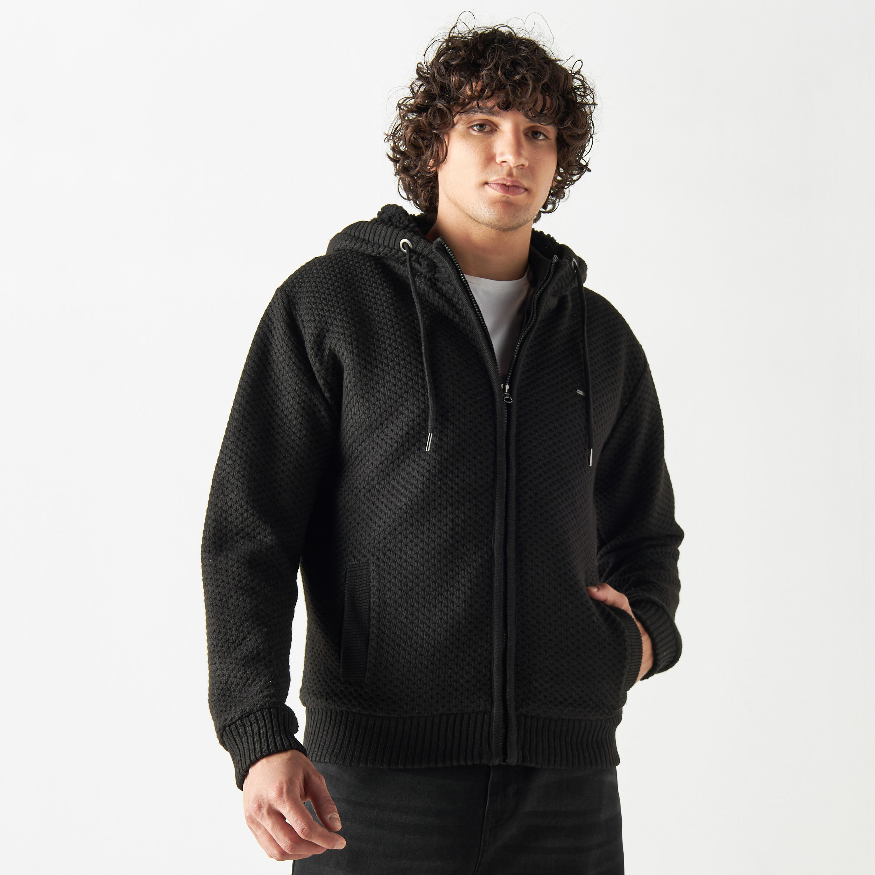 هودي مبطن بارز الملمس بأكمام طويلة وجيوب وسحاب إغلاق من لي كوبر-men-winterwear-hoodiesandsweatshirts-image-1