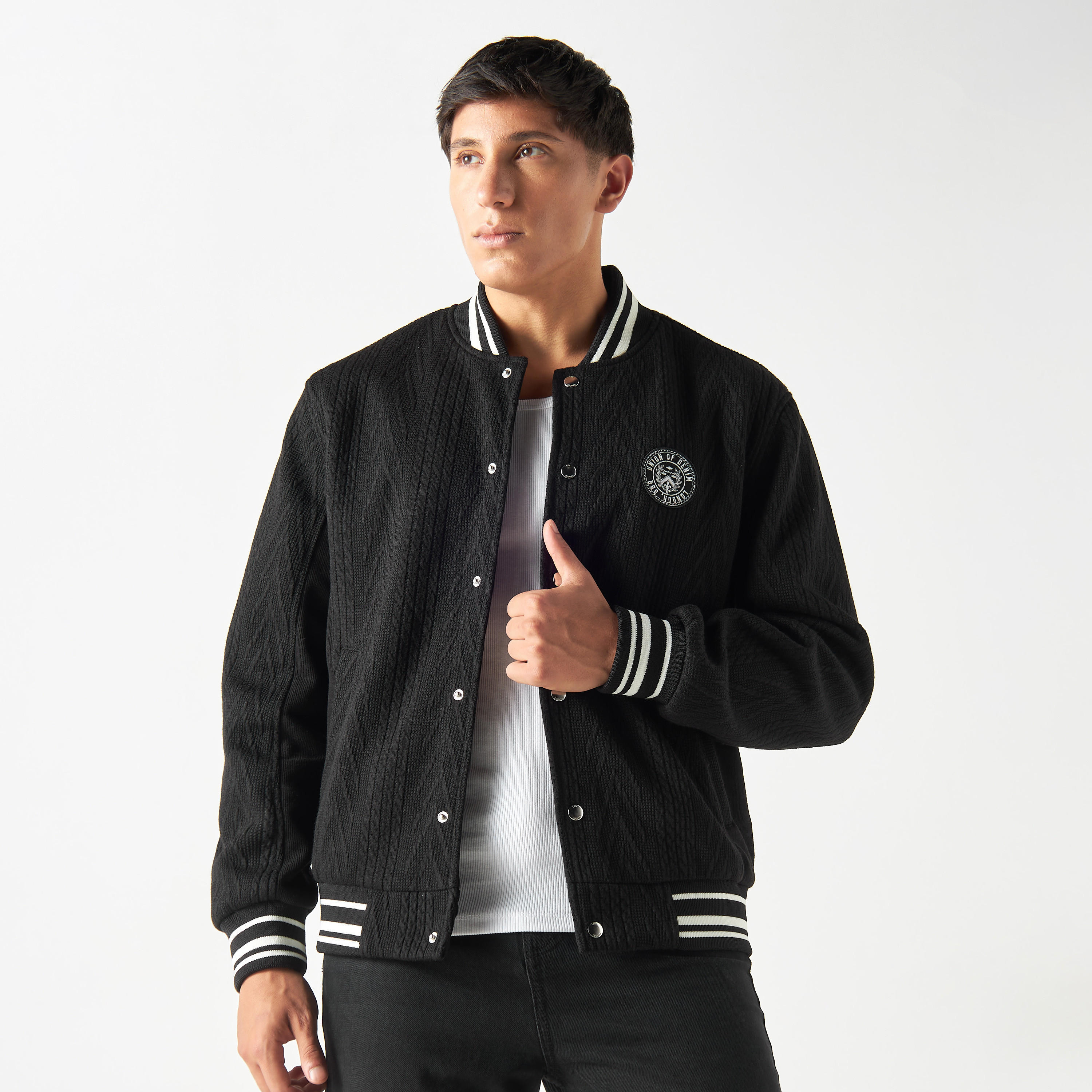 Lee Cooper Textured Varsity Jacket with Long Sleeves and Pockets-men-clothing-jacketsandblazers-jackets-image-1