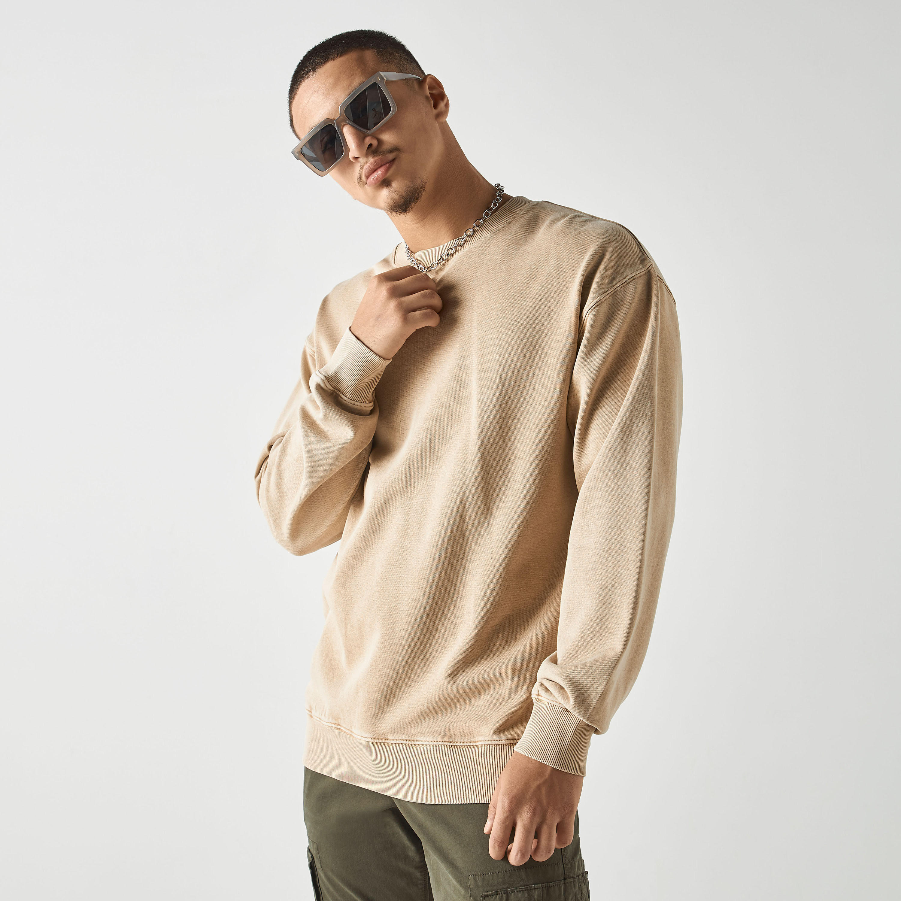 Lee Cooper Crew Neck Denim Sweatshirt with Long Sleeves-men-winterwear-hoodiesandsweatshirts-image-1