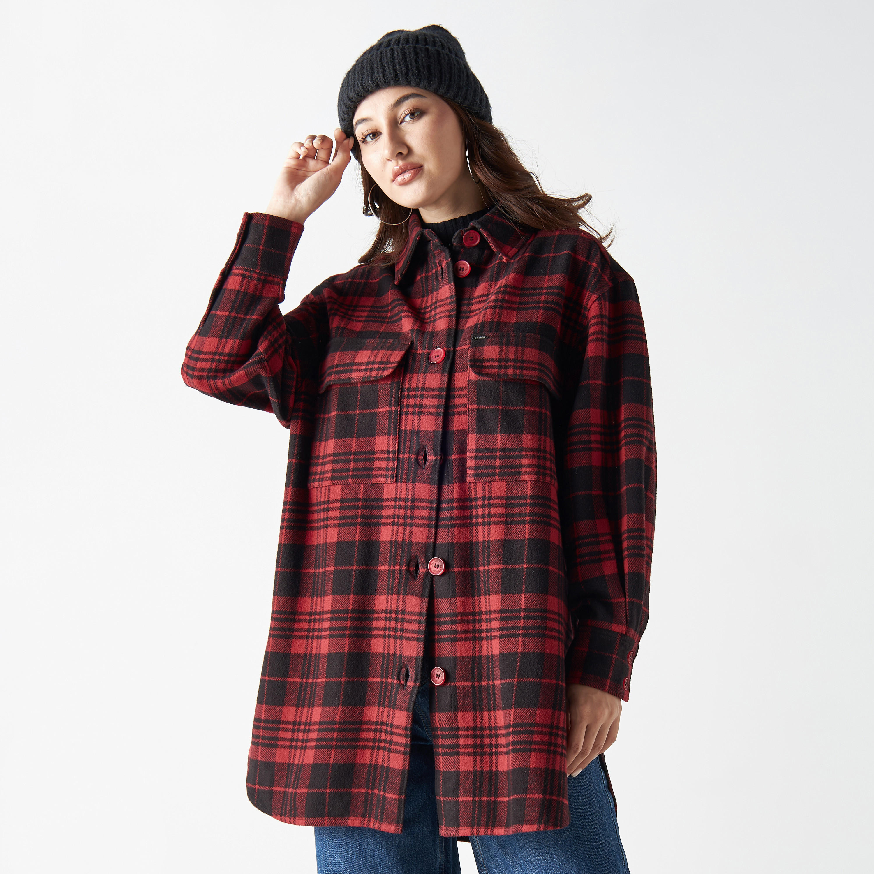 شاكيت كاروهات بأكمام طويلة وجيوب من لي كوبر-women-winterwear-coatsandjackets-jackets-image-4
