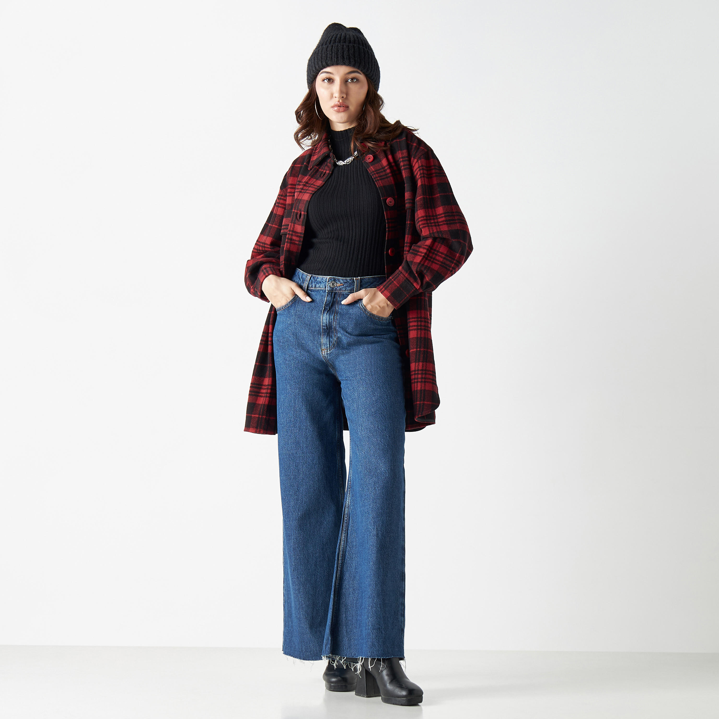 شاكيت كاروهات بأكمام طويلة وجيوب من لي كوبر-women-winterwear-coatsandjackets-jackets-image-3
