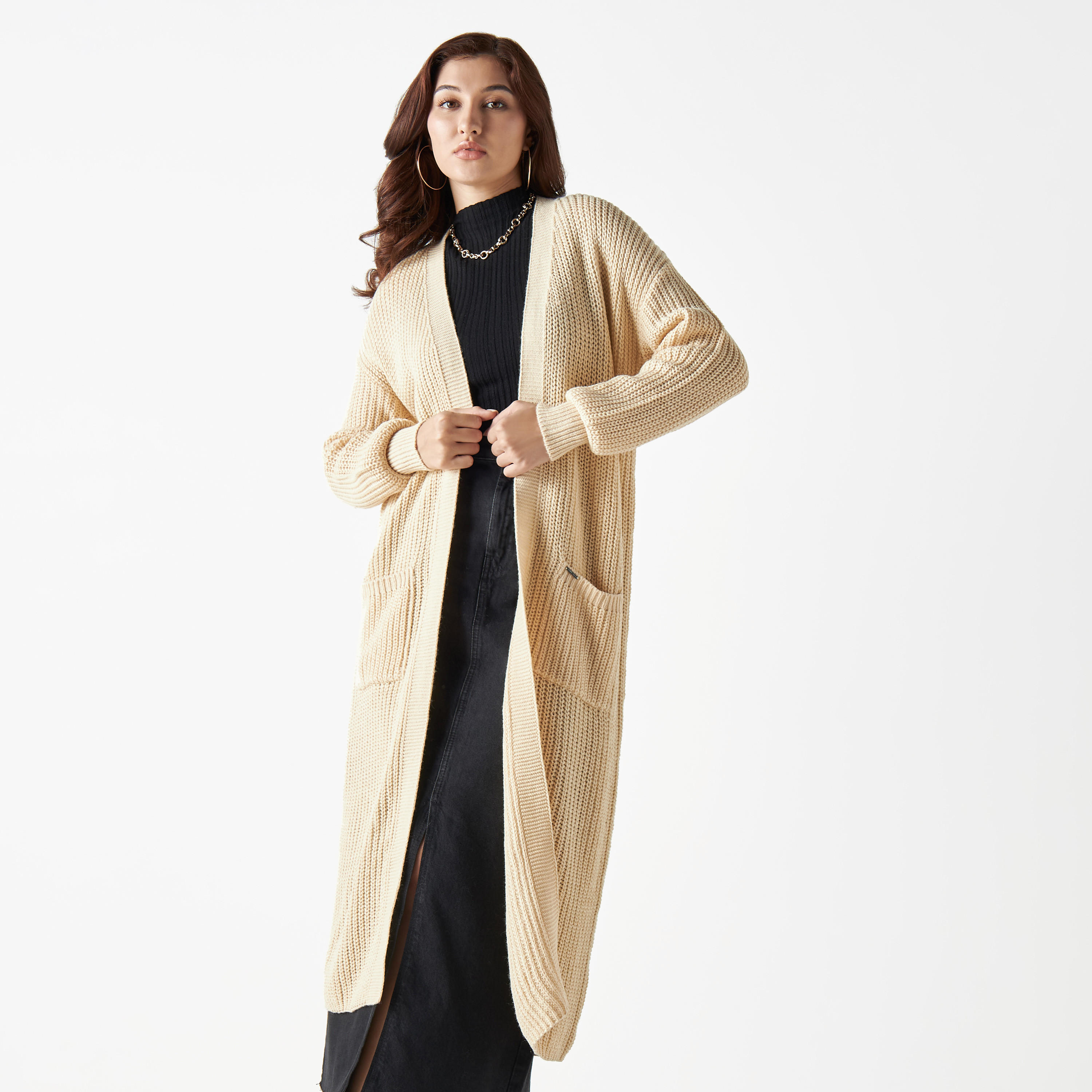كارديجان طويل بارز الملمس بجيوب من لي كوبر-women-winterwear-cardigansandjumpers-cardigans-image-1
